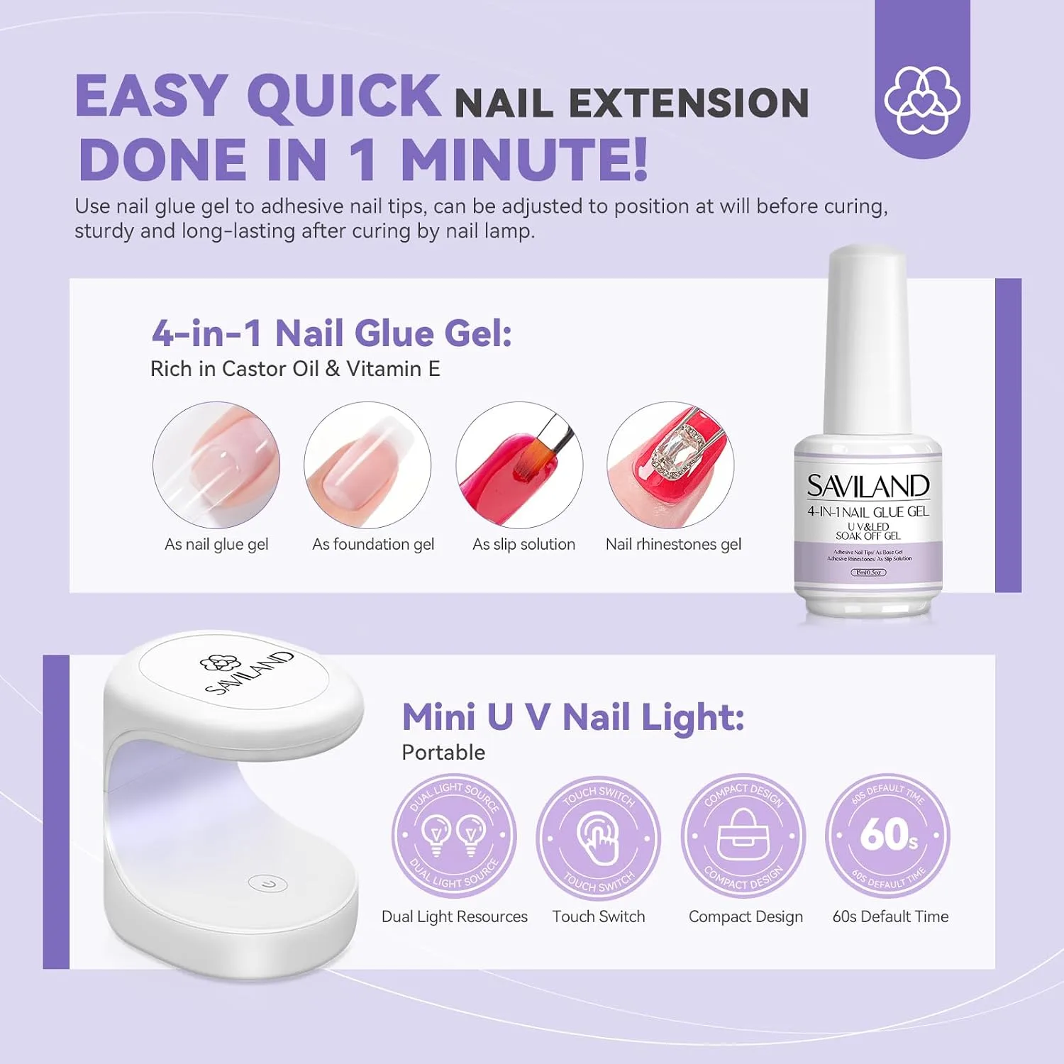 SAVILAND Short Coffin Gel Nail Extension Kit, 500 Tips, Drill and U V Lamp