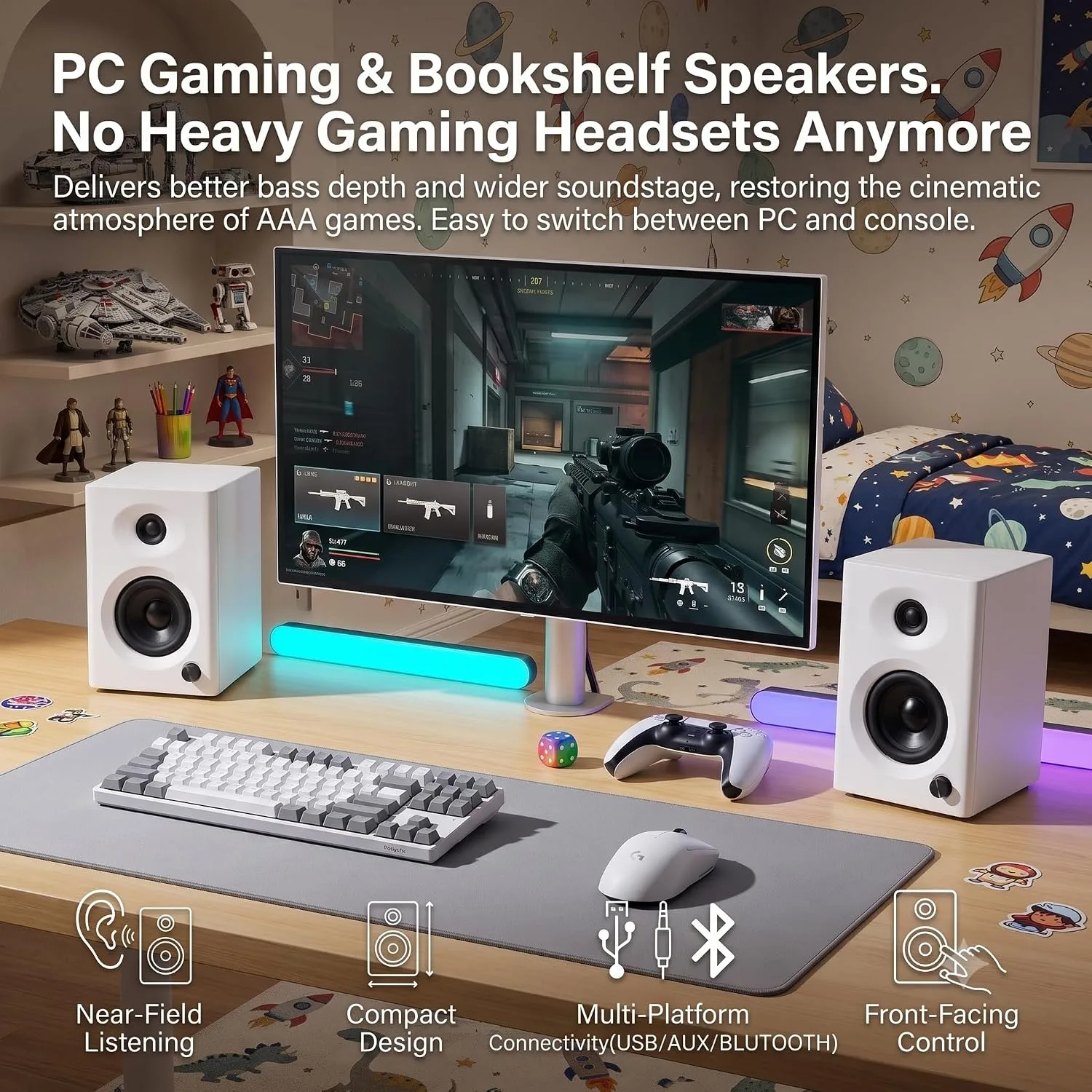 Powered Computer Speakers for Desktop PC and Music, White Pair