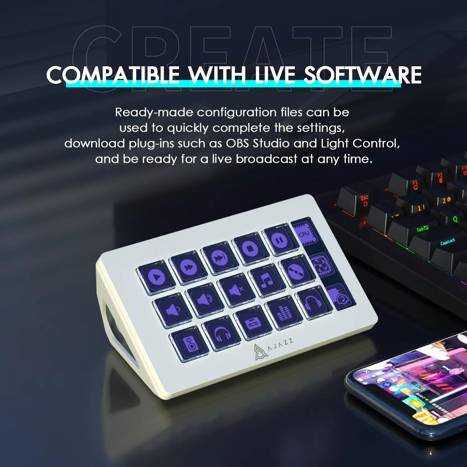 MANBASNAKE AKP153 Studio Deck, Stream Controller, 15 Macro Keys (White)