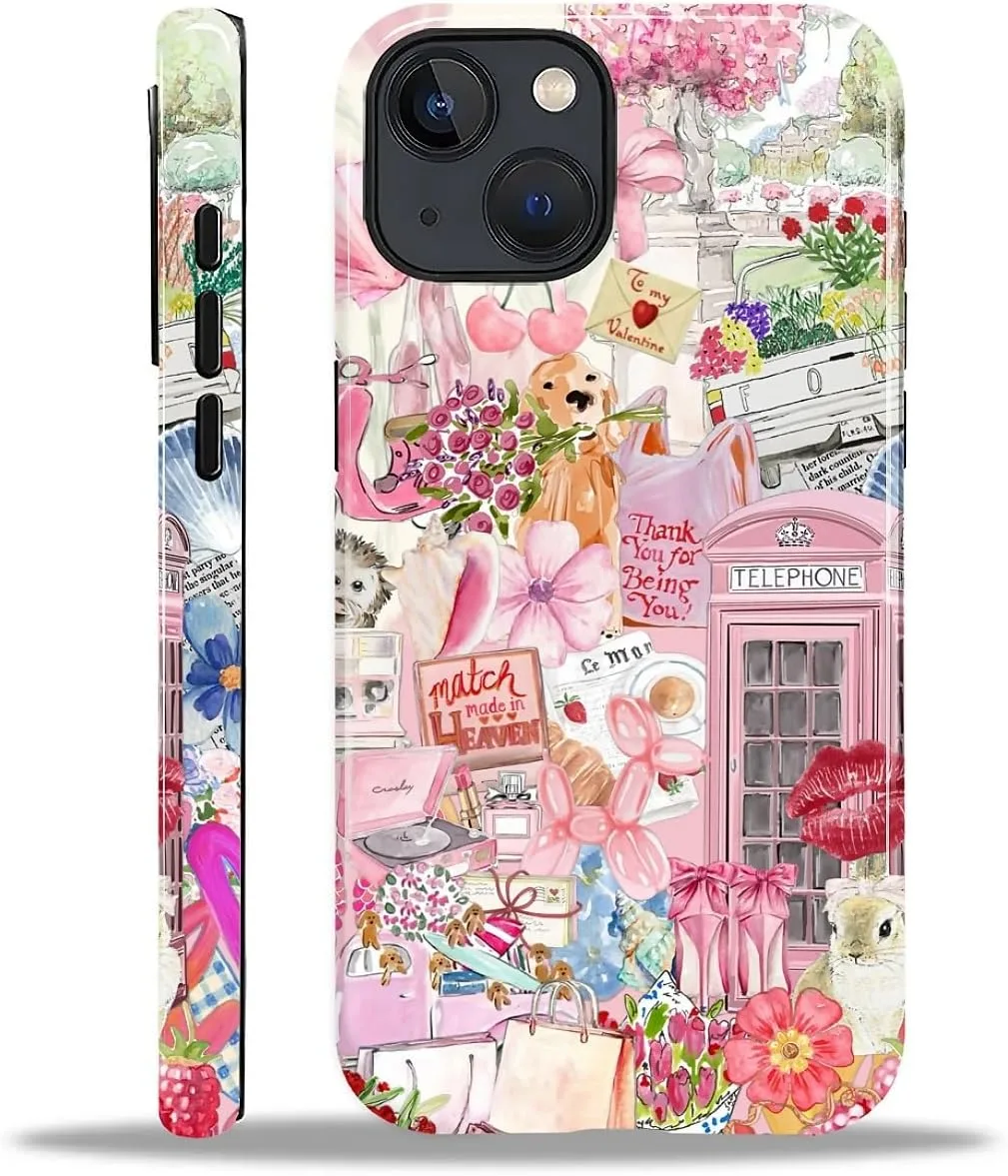 DAIZAG Case for iPhone 14 Plus,Mixed 2 Layer Design Shockproof Soft TPU Ddouble Protection Phone Case for iPhone 14 Plus-Cute Pink Animal Garden Collage