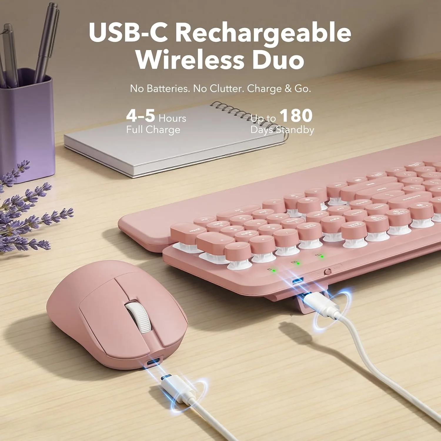 Rechargeable Backlit Wireless Keyboard and Mouse Combo, Retro Typewriter Keyboard with Magnetic Wrist Rest, Light Up Letters, 2.4GHz Cordless Connection for Mac, Windows PC, Laptop (Glowing Pink)
