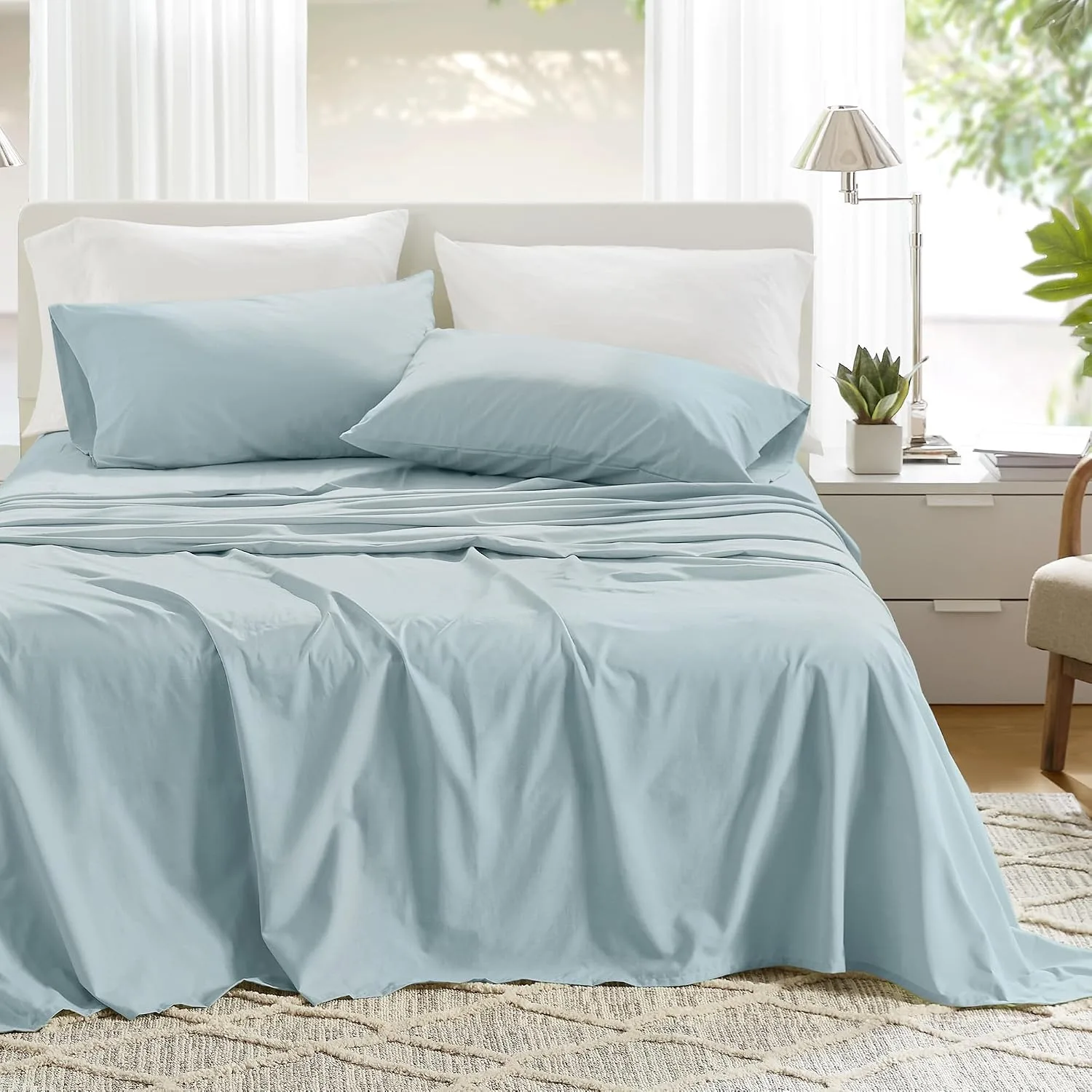 Comfort Spaces 100% Cotton Percale Sheets Queen Sheet Set 4 Pcs, Light Blue