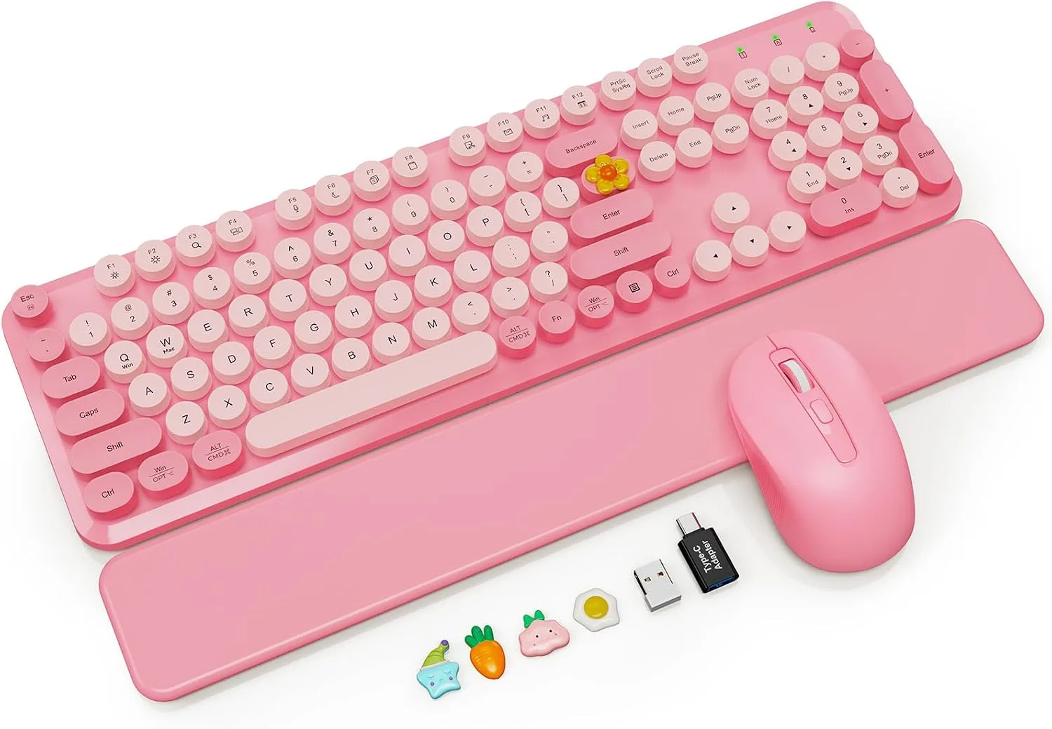 Wireless Keyboard and Mouse Combo, Magnetic Wrist Rest, Round Keycaps, Pink