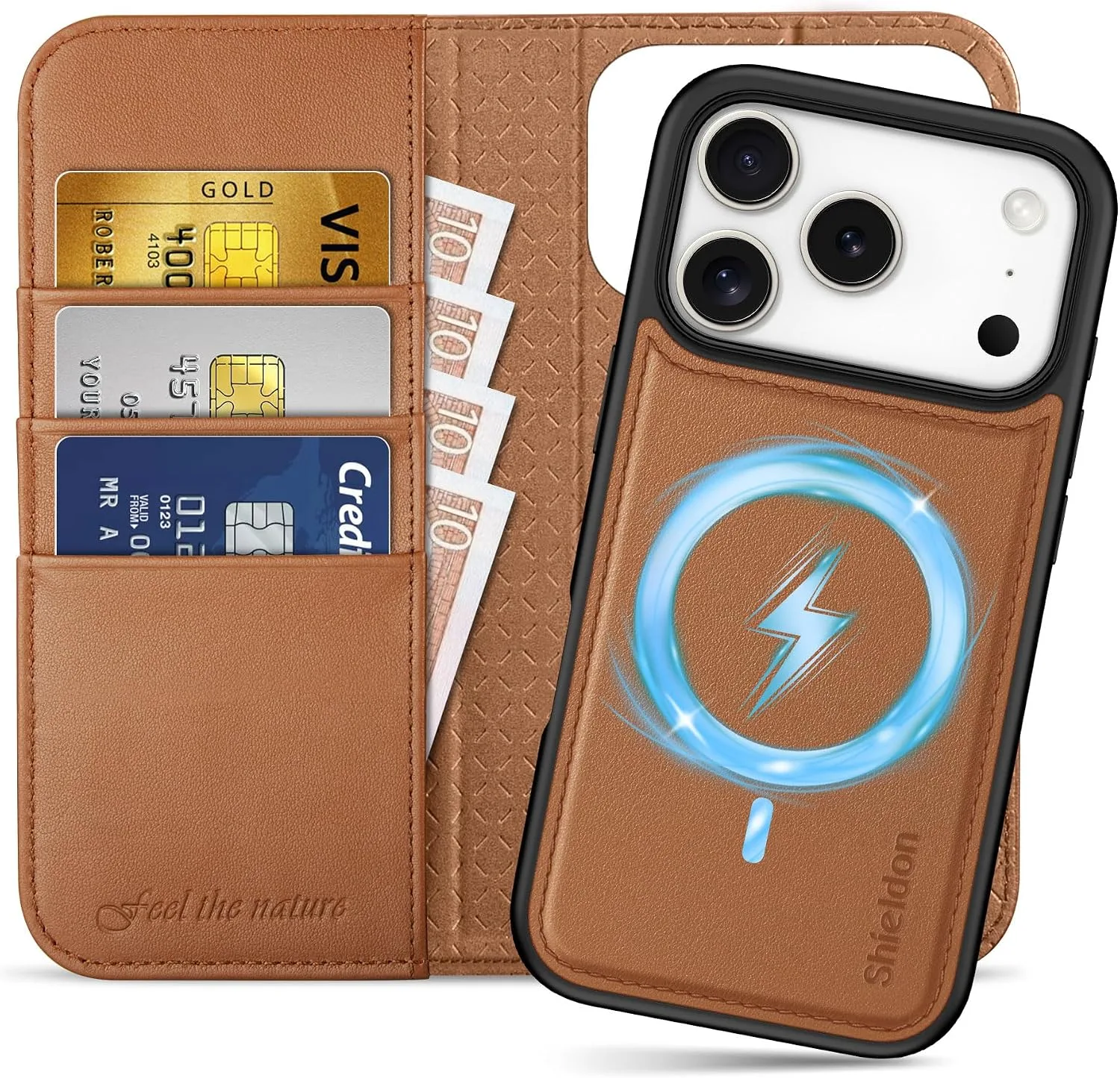 SHIELDON 2 in 1 Leather Case Wallet for iPhone 18 Pro/17 Pro, Saddle Brown
