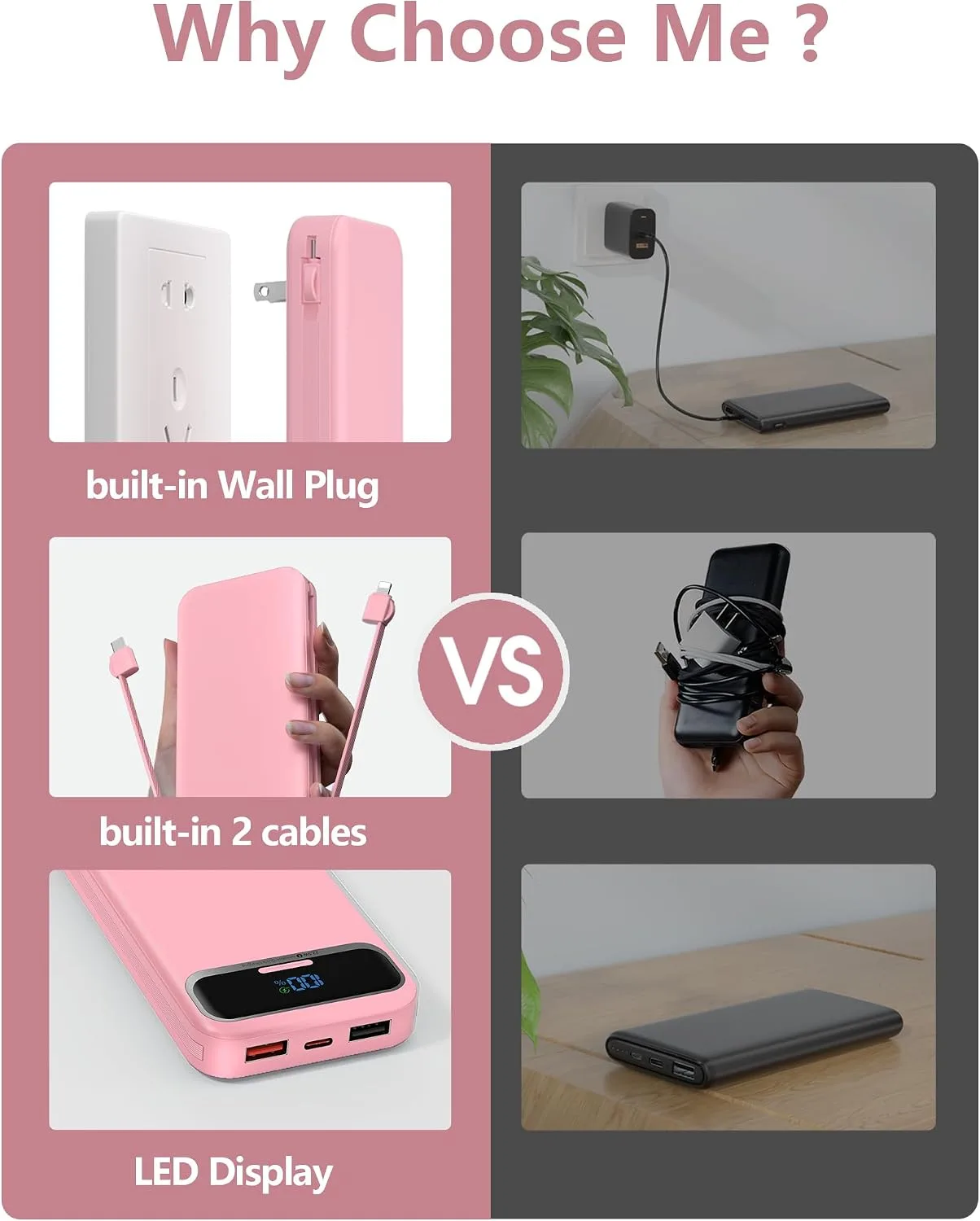 aonidi Portable Charger 12000mAh with Built-in Cables&AC Wall Plug, Pink