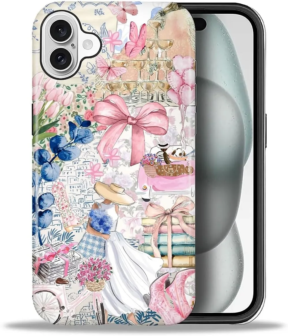 DAIZAG Case for iPhone 16 Plus,Mixed 2 Layer Design Shockproof Soft TPU Ddouble Protection Phone Case for iPhone 16 Plus-Magazine Books Flower Bow Collage