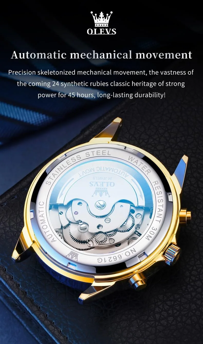 OLEVS Skeleton Men Watches Automatic Business Luxury Diamond Self Winding Watch for Men Stainless Steel Calendar Wrist Watch