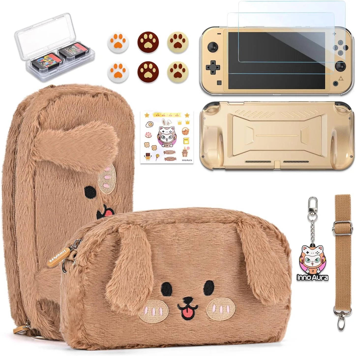 innoAura Switch Lite Case 14-in-1 Accessories Bundle for NS Switch Lite (2019), with Protective Carrying Case, Game Holder, Screen Protector & Cute Thumb Grips, Brown Dog Plush Bag