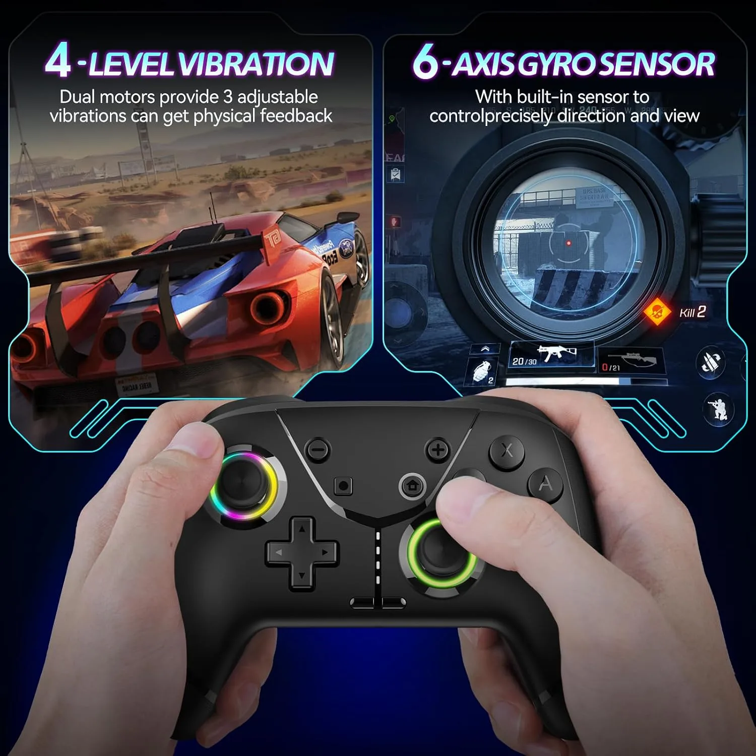 Switch Controller, Wireless Pro Controller for Nintendo Switch 2/Switch/Lite/OLED, Bluetooth controllers Compatible with iPhone/Mac/iPad/iOS/Android/Phone/PC/Steam and TV with Programming/RGB4/Vibration / 3 Turbo Modes/6-Axis/Motion(Black Pro)