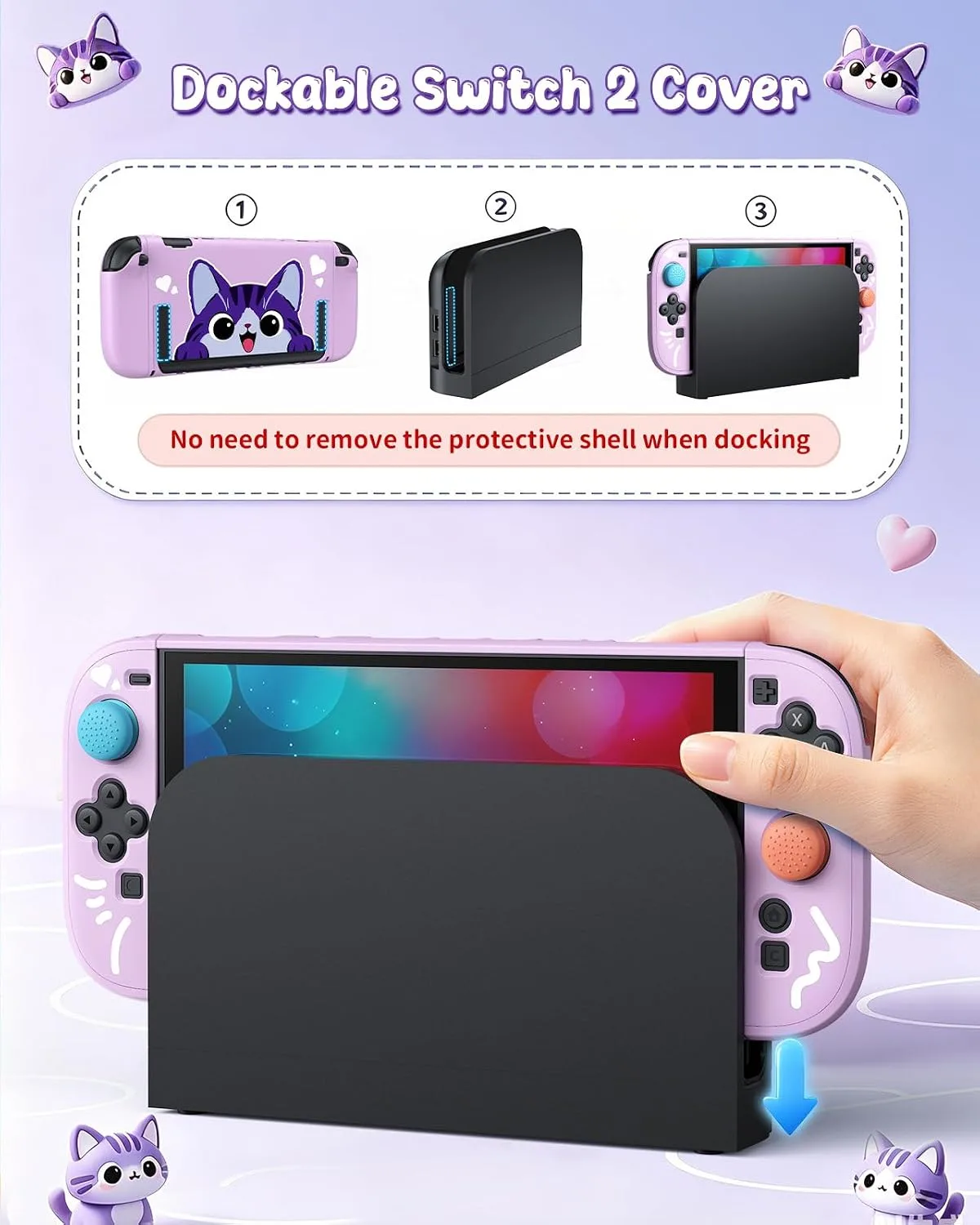 Switch 2 Cute Case, FYOUNG Dockable Kawaii Cat Protective Cover Shell