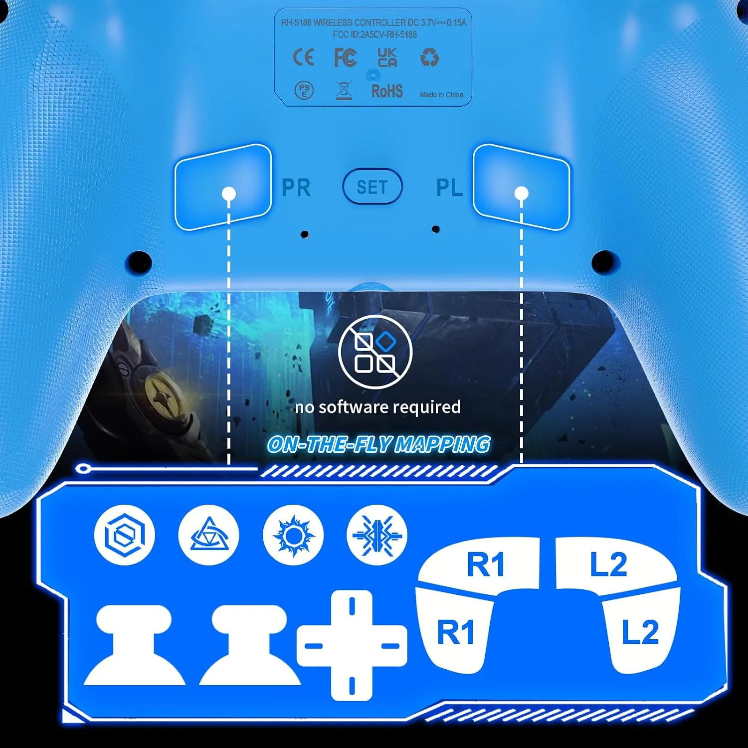 Dinosoo RGB Wireless Controller for PS5/PlayStation 5 PC, Bluetooth Controller with Turbo, Macro, Dynamic Vibration, 6-Axis Motion Control, 3.5mm Audio Jack, 1000mAh Battery, Speaker - Blue