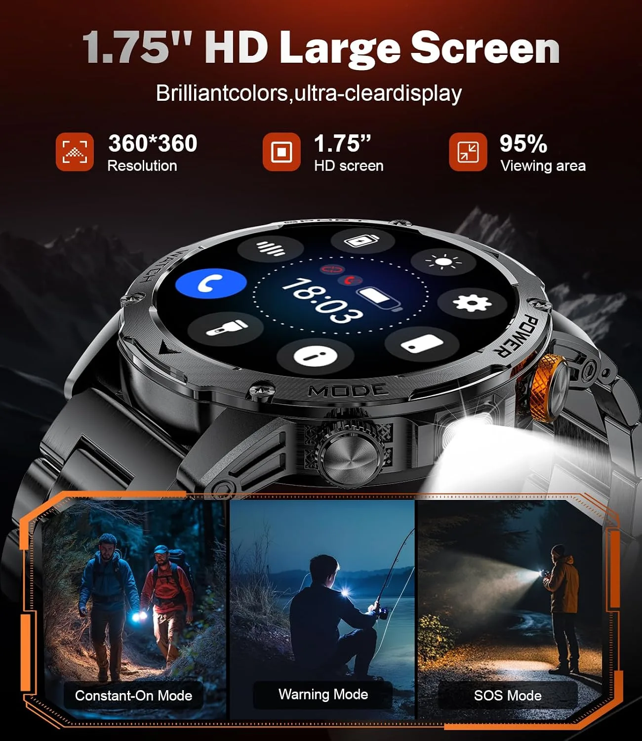 Smart Watch for Men with 1000mAh Battery/Flashlight, 1.75'' Military Smartwatch with 5ATM Waterproof/Heart Rate/Sleep Monitor,Answer Make Calls Fitness Tracker for Android iPhone Carbon