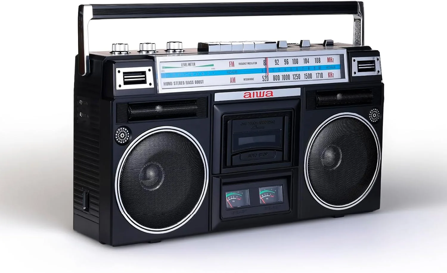 aiwa Portable Retro Boombox BackTrack Jr, Vintage Bluetooth Speaker with Cassette Player, Bluetooth, FM/AM Radio, USB & AUX for Home, Outdoor, and Travel Listening (Black)