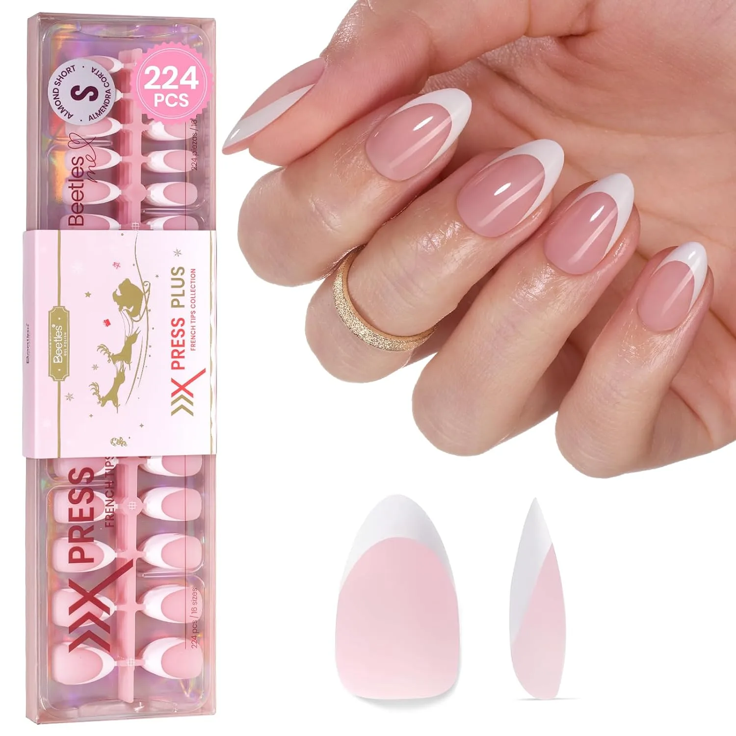 Beetles French Tips Press On Nails - 224 Pcs Short Almond Pink