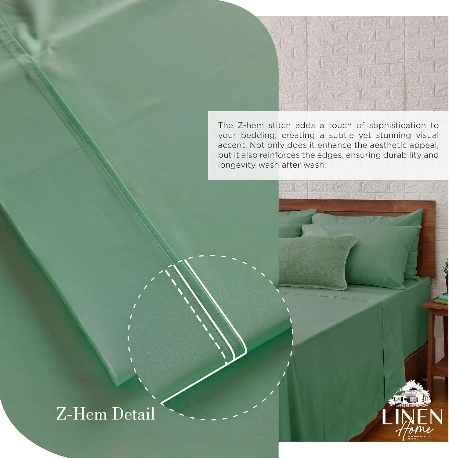 Linen Home 100% Cotton Percale King Sheets, 4Pc Cooling Set - Frosty Green