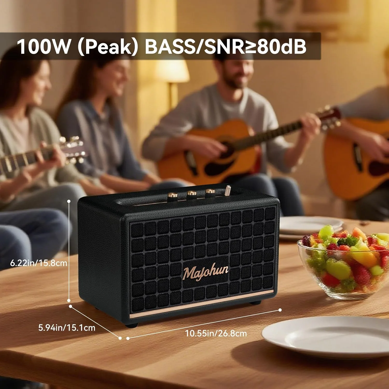 100W Peak Wood Bluetooth 5.4 Speaker, Vintage TWS Stereo (Black)