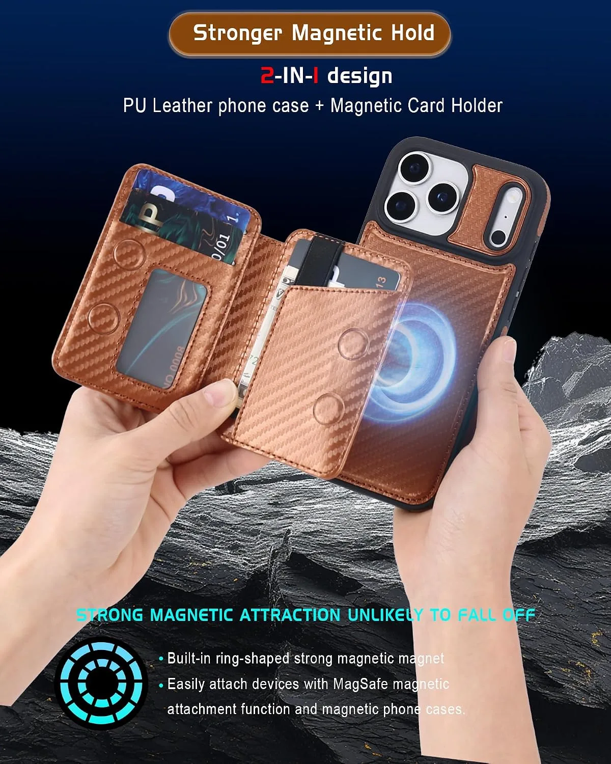 Magnetic Detachable Wallet Case for iPhone 18/17 Pro Max with Kickstand,2-in-1 MagSafe Compatible RFID Blocking Card Holder,Slim PU Leather Cover Vintage Carbon Coffee