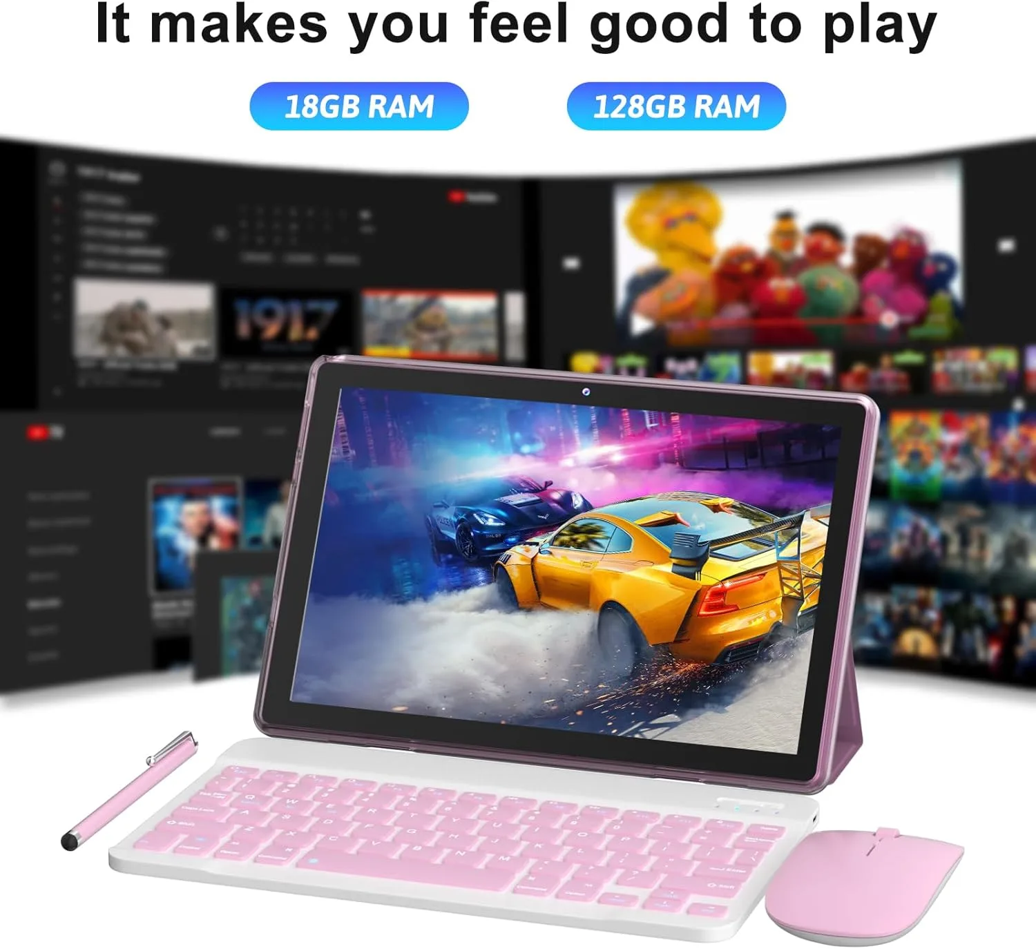 IWEGGO Android 15 Tablet, 10 Inch 18GB RAM+128GB ROM/ 2TB Expandable Tablet, 2.0GHz Quad-core Processor, 1280*800 HD Touch Screen, 5G WiFi6 BT 5.0, 2 in 1 Tablets with Keyboard Case Mouse Stylus Pink