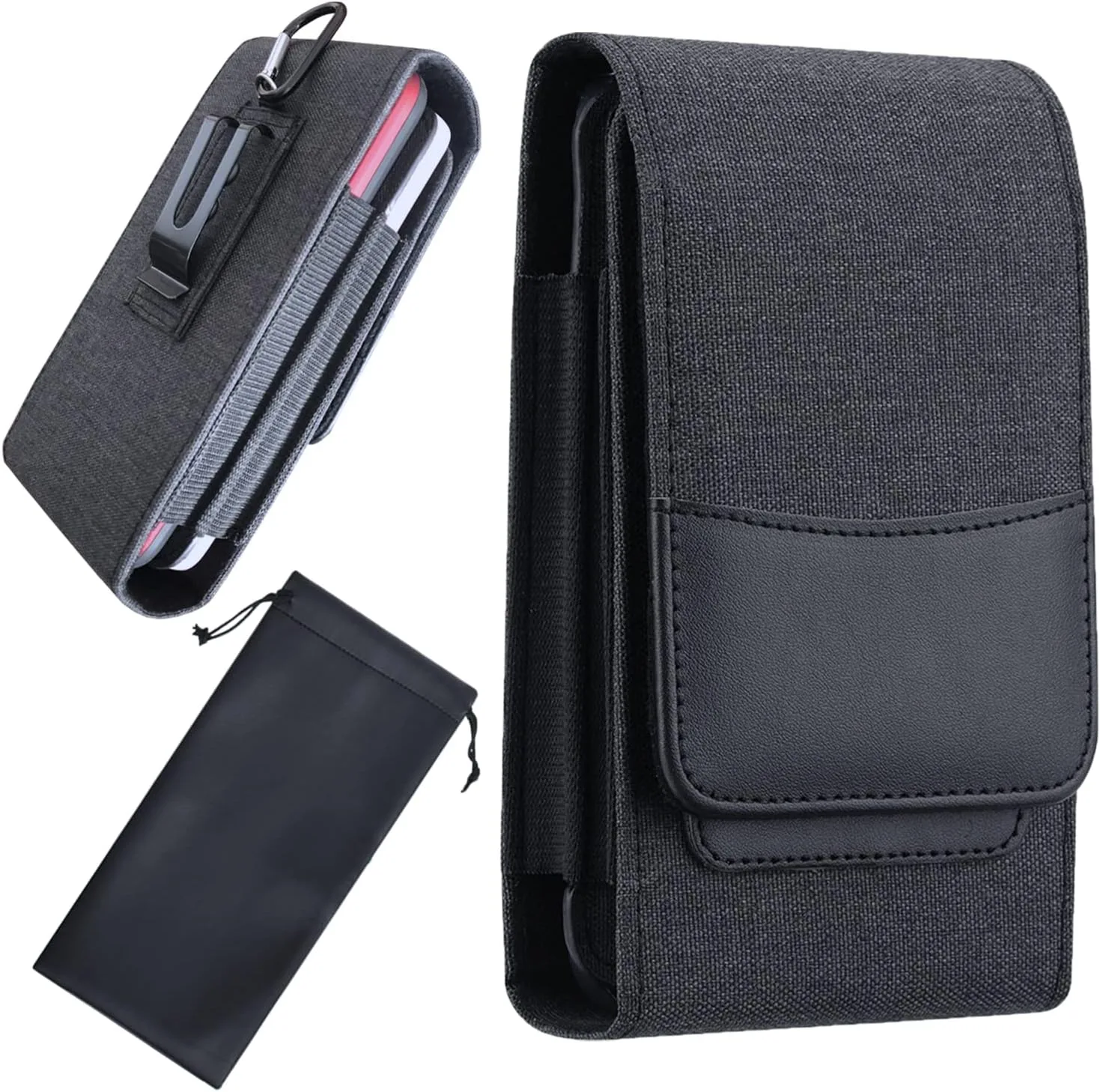 One Case Two Phones, Dual Phone Holster Pouch with Belt Clip, Hook and Loop Closure for iPhone 17 16 15 14 13 12 Pro Max, Moto G15,Edge 50,Galaxy Note 20 Ultra, S25 Ultra S24+A56-Black