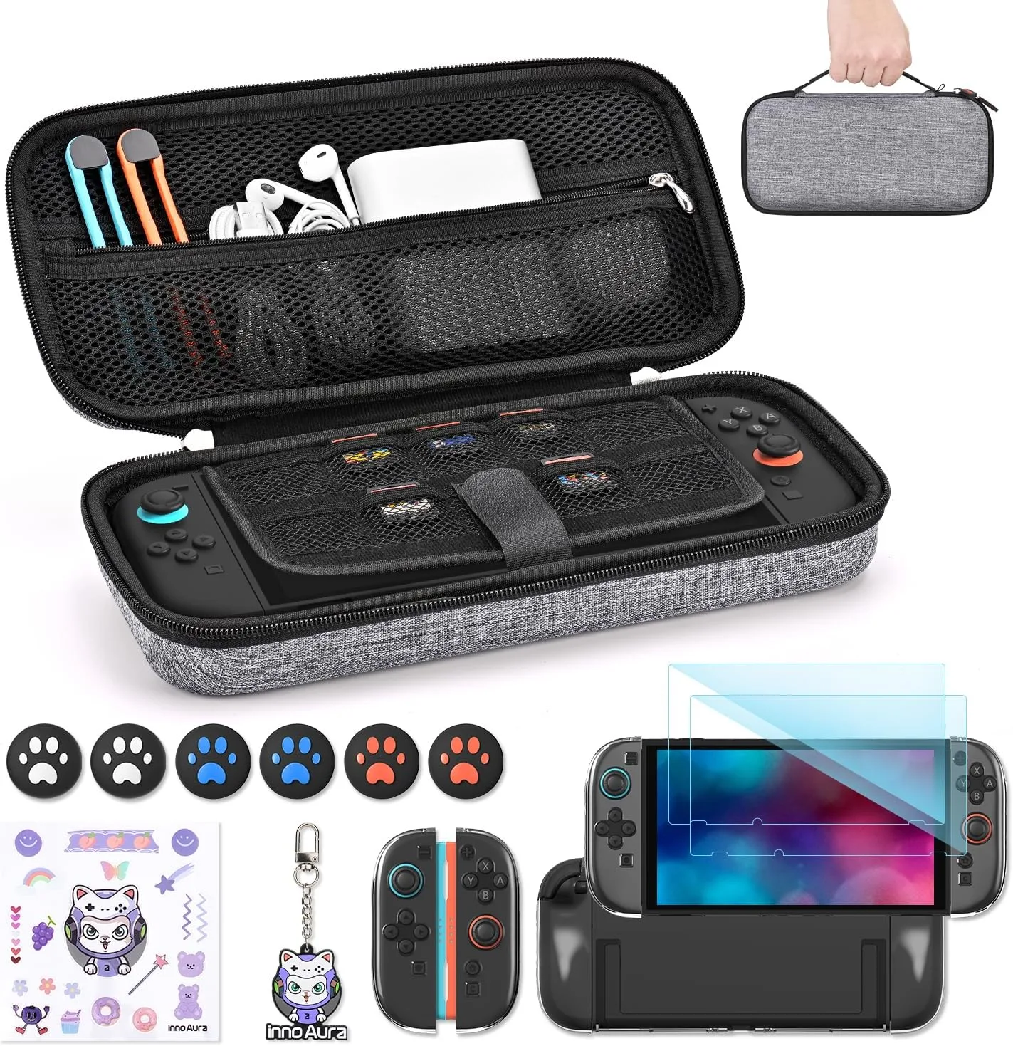 innoAura Switch 2 Case 14-in-1 Bundle for NS Switch 2 (2025), with Carrying Case, Protective Cover, Thumb Grips, Screen Protector, Cute Pendant and Sticker, Gray