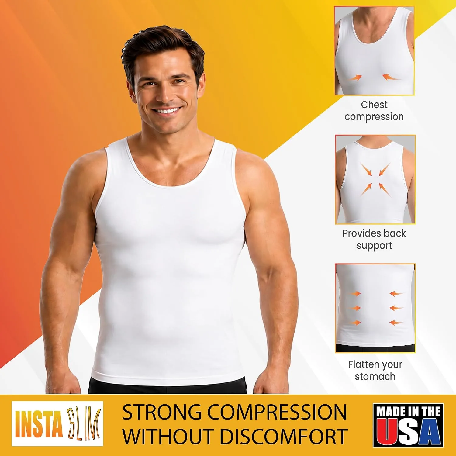 Insta Slim - Made in USA 3 Pack Compression Muscle Tank Body Shapers for Men. Back Support, Slimming Shapewear Undershirt