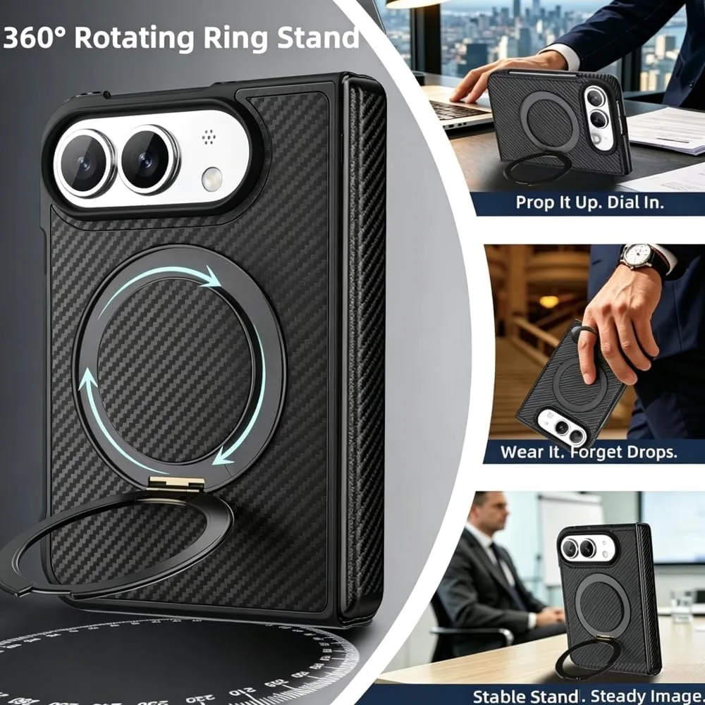 for iPhone Duo Case with Stand Compatible with MagSafe, Built-in Screen Protector & Kickstand & Hinge Protection, Carbon Fiber Texture Leather Shockproof Slim Phone Cover Black