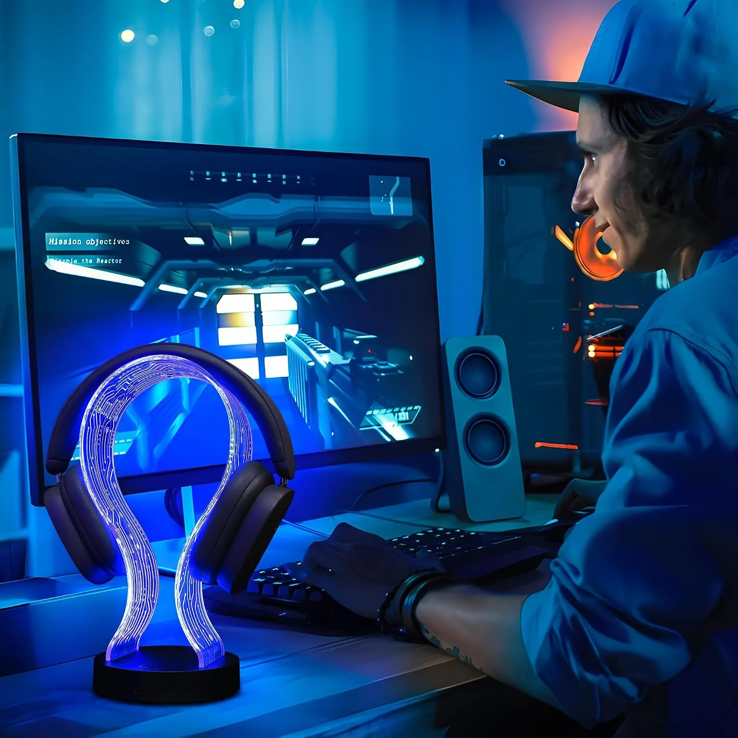 Lampeez Light Up Headphone Stand, Acrylic Desk Accessory Headset Holder with PCB Pattern and 16 Color LED Lights, 1 USB and 1 Type-C Charging Ports, for Gamers Music Lovers Boys Men