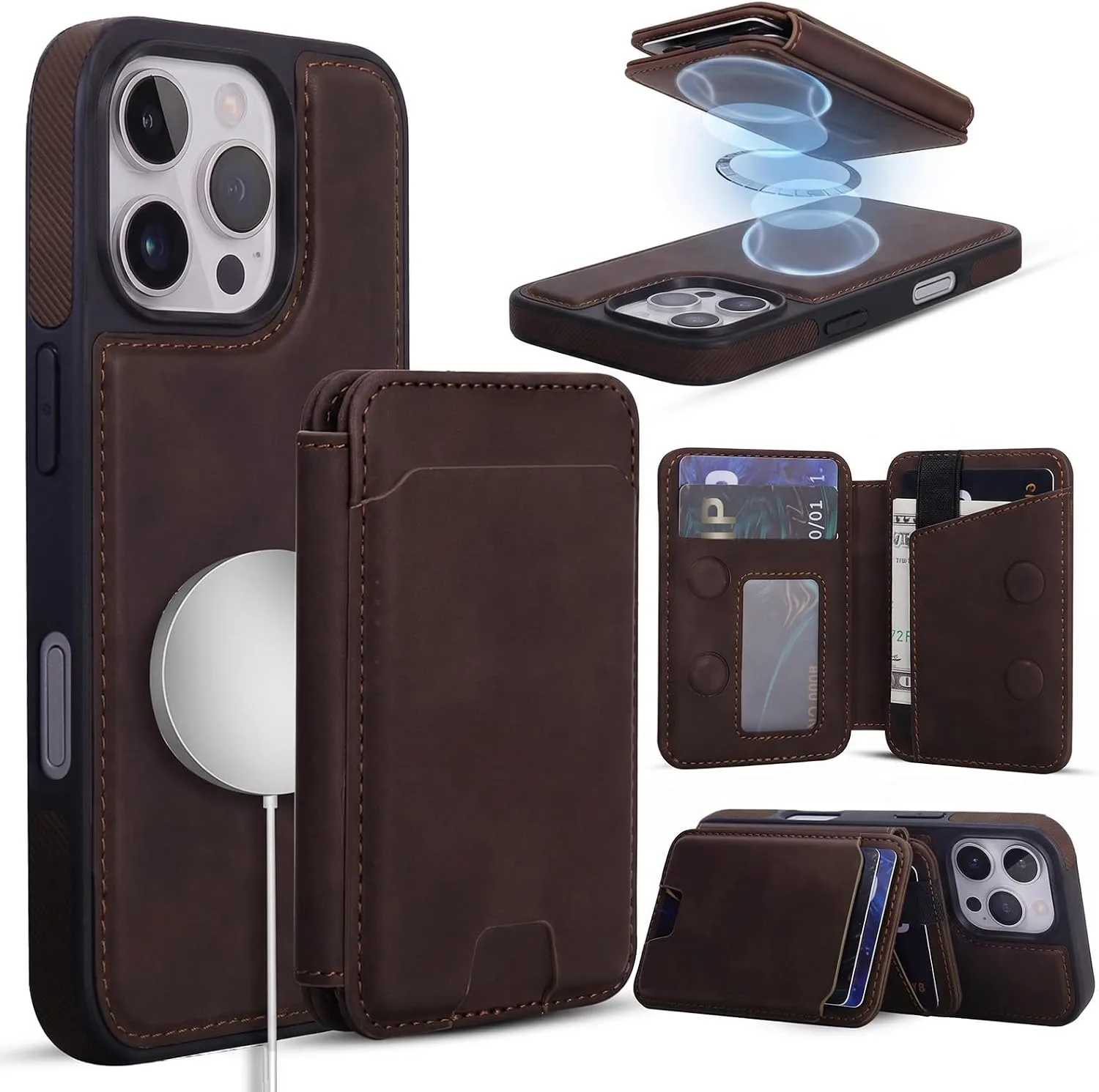 Magnetic Detachable Wallet Case for iPhone 16 Pro with Kickstand,2-in-1 MagSafe Compatible RFID Blocking Card Holder,Slim PU Leather Cover Vintage Brown
