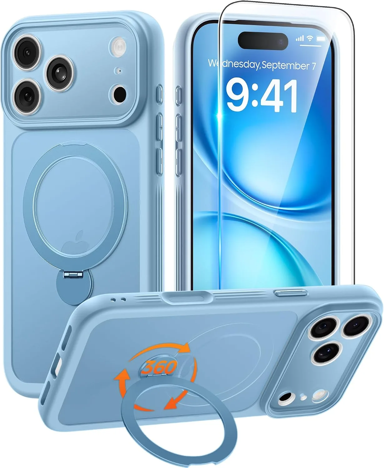 for iPhone 17 Pro Max Case with 360 Spin Stand, Light Blue
