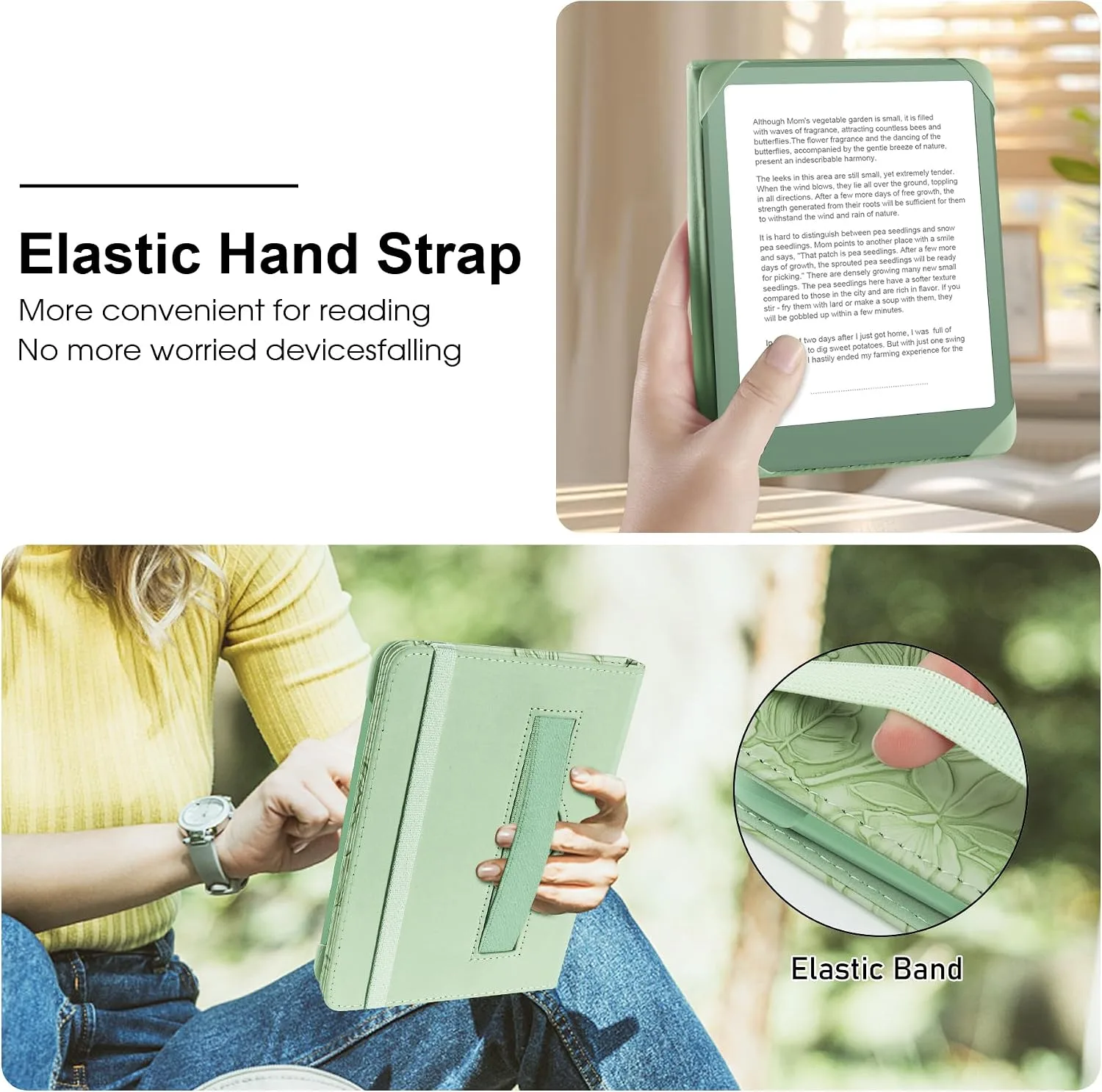 HoYiXi Universal Case for 6 inch Kindle eReader Compatible with Paperwhite(2015/2018)/Pocketbook and Tolino/Kobo Clara HD,6" eReader Protective Case Cover Elastic Rope,Green Leaves