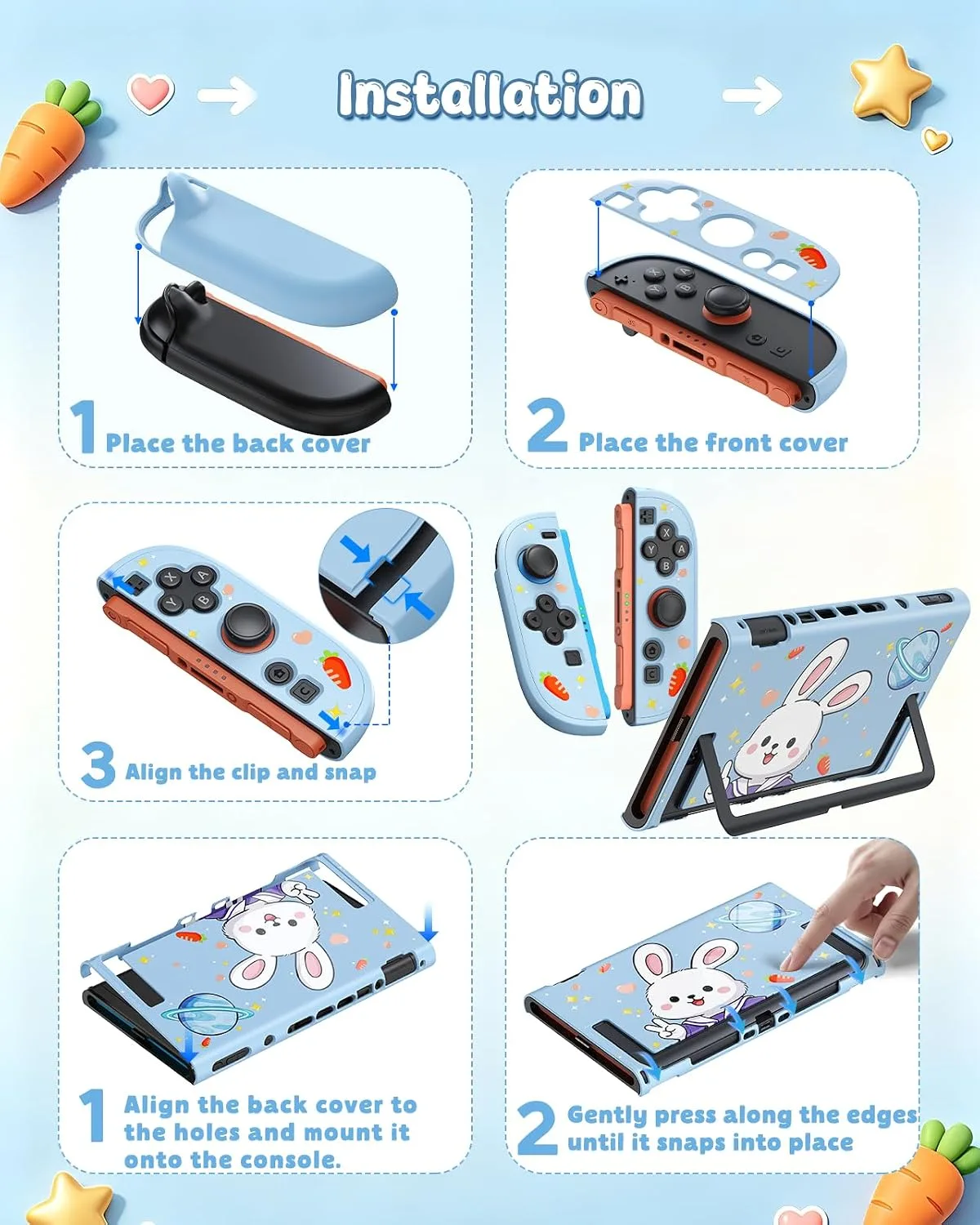 Switch 2 Cute Case,FYOUNG Dockable Kawaii Blue Bunny Protective Cover Shell