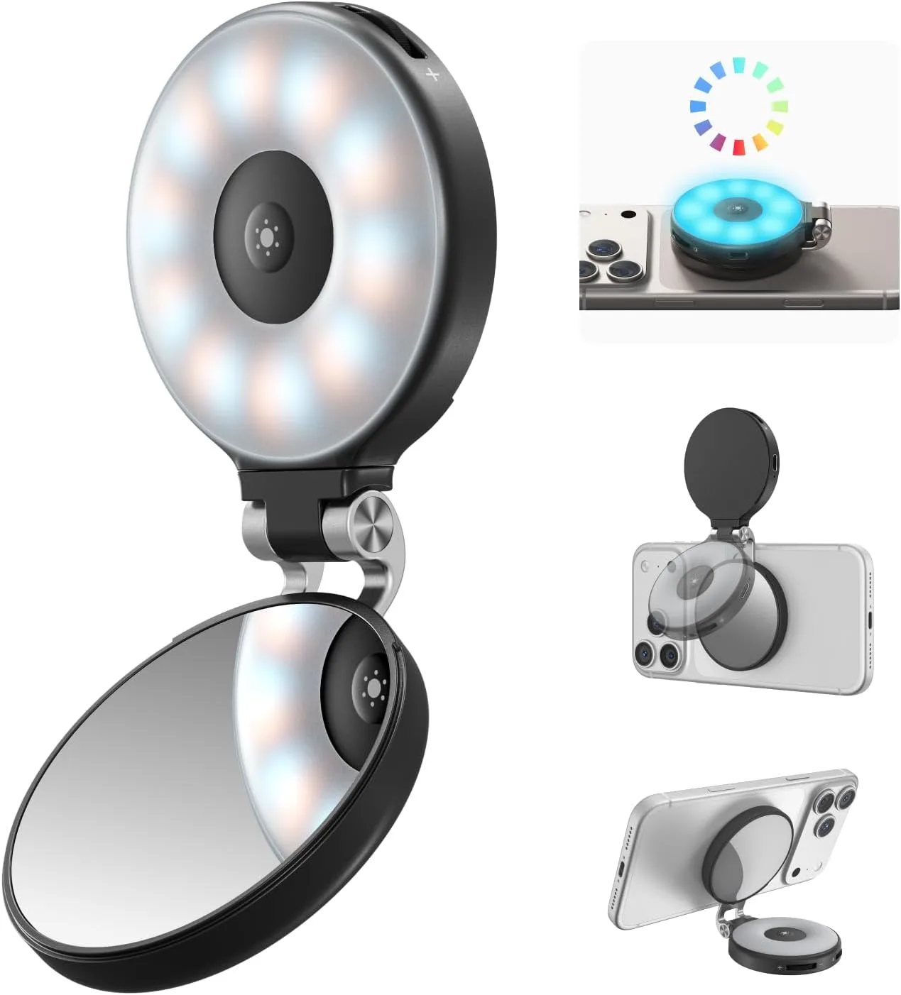 TELESIN Upgraded 4-in-1 Magnetic RGB Selfie Ring Light with Mirror & Phone Stand, Rechargeable Portable Clip On Fill Light for iPhone Samsung TikTok, Vlogging, Makeup, Photography, Streaming (Black)