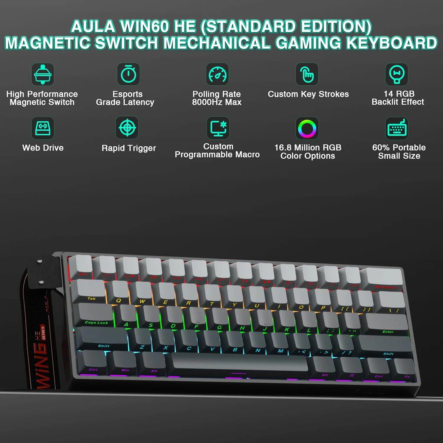 Aula WIN60 HE - 60% Mechanical Gaming Keyboard Wired, Hall Effect Magnetic Switch Hot Swappable,8000 Hz Polling Rate, RGB Keyboard 60 Percent Compact Design for PC (Gradient Gray)