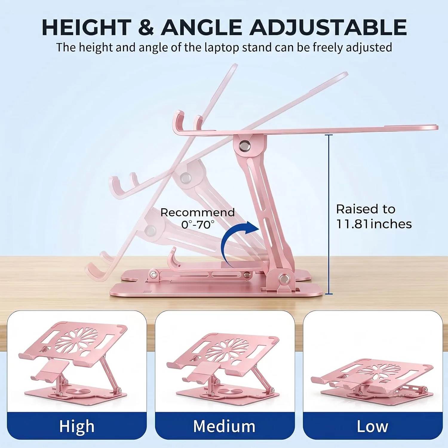 Adjustable 360°Rotating Laptop Stand, 2-in-1 Ergonomic Carbon Steel Laptop Riser with Detachable Phone Holder, Hollow Cooling Notebook Stand Fits 12.9-18 Inch Laptops (Pink)