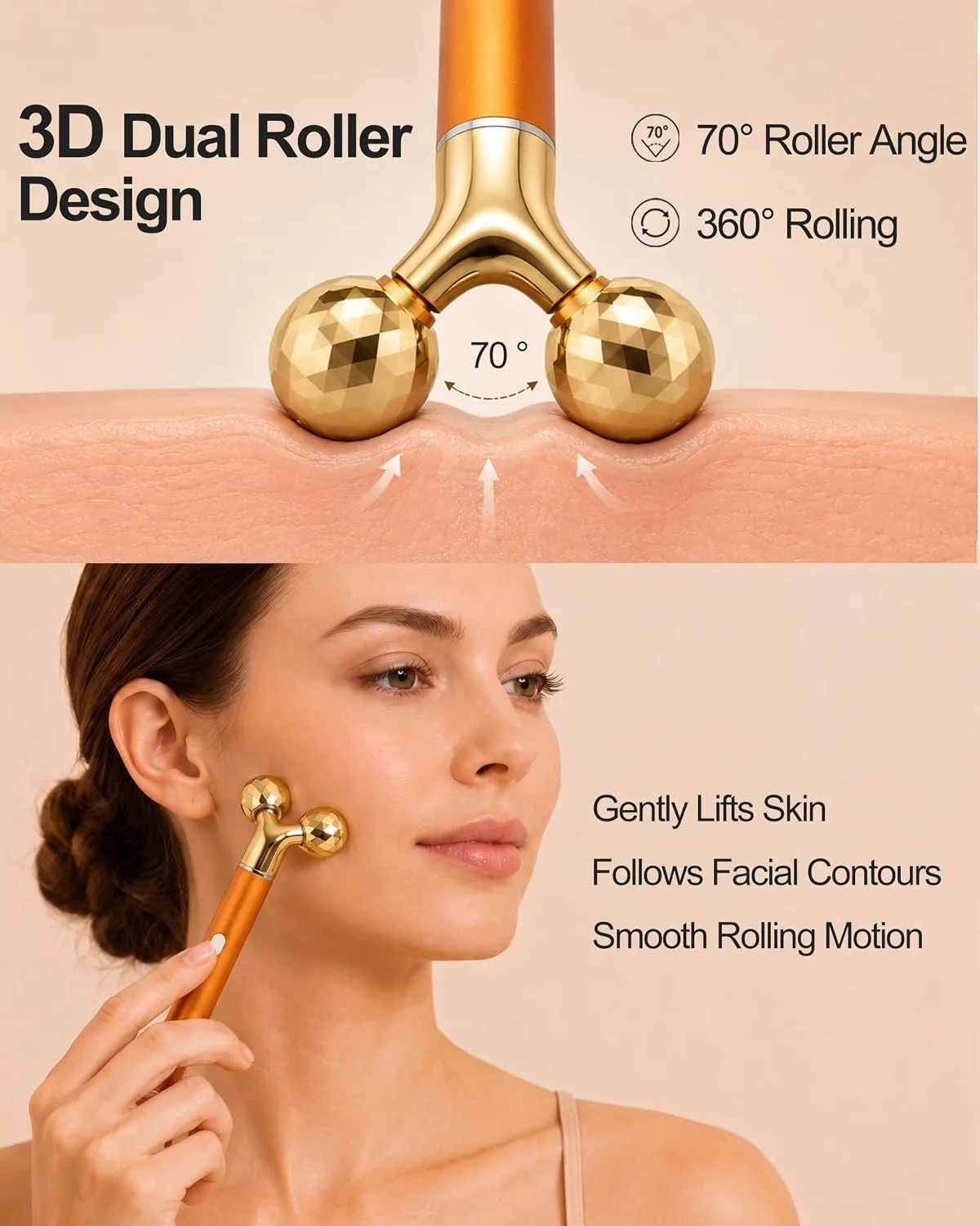 Rechargeable Face Massager Roller, Golden Vibrating T Bar Facial Massager & 3D Face Roller for Lymphatic Drainage, Face Depuffer for Jawline, Puffy Face & Skincare Routine