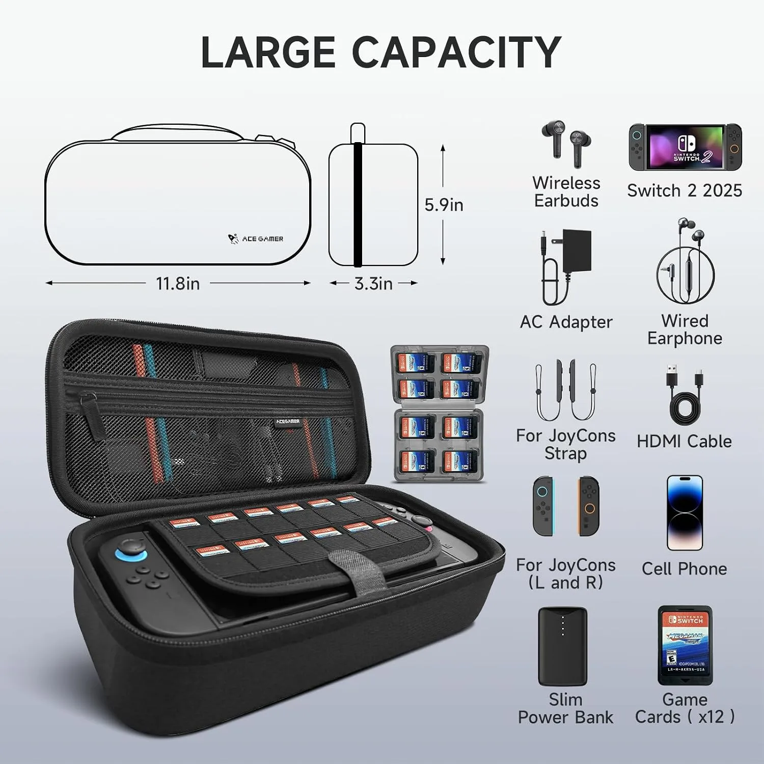 AceGamer Large Capacity Carrying Case for Nintendo Switch 2 (2025) - 3 in 1 Accessories Bundle with Screen Protectors, Game Card Holder, 12 Game Cartridges, Hard Shell Portable Travel Pouch, Grey