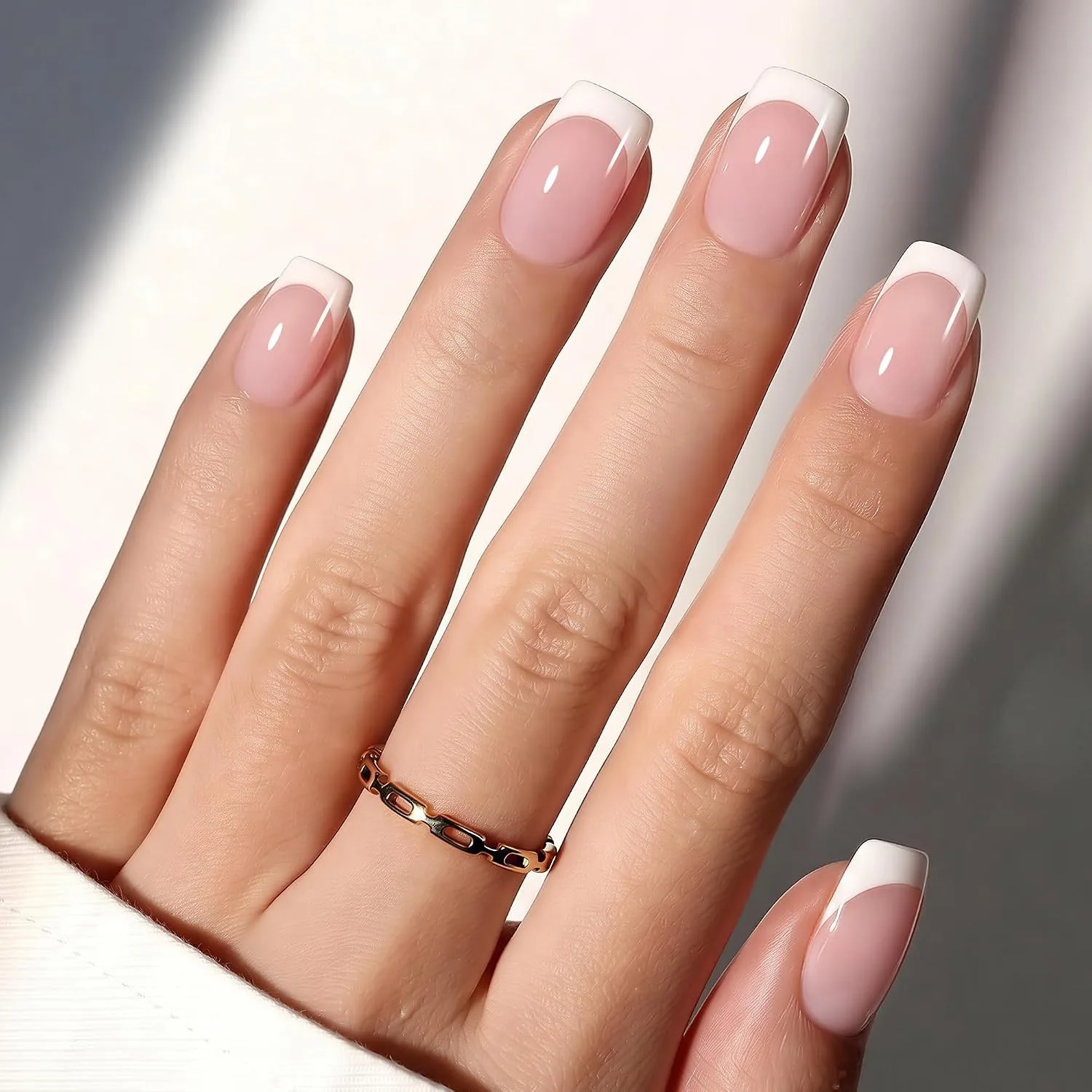 Beetles Pink French Tip Press on Nails - Short Square, 64 PCS 16 Sizes