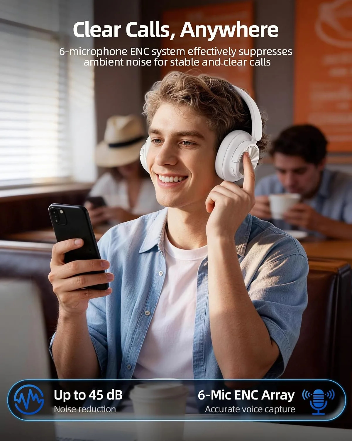 Hybrid Active Noise Cancelling Headphones 120H Playtime Wireless Headphones Bluetooth 6.0 Over Ear Headphones With 6 ENC HD Call Mic Hi-Res 360° Spatial Audio Headphone for Travel Workout Bright White