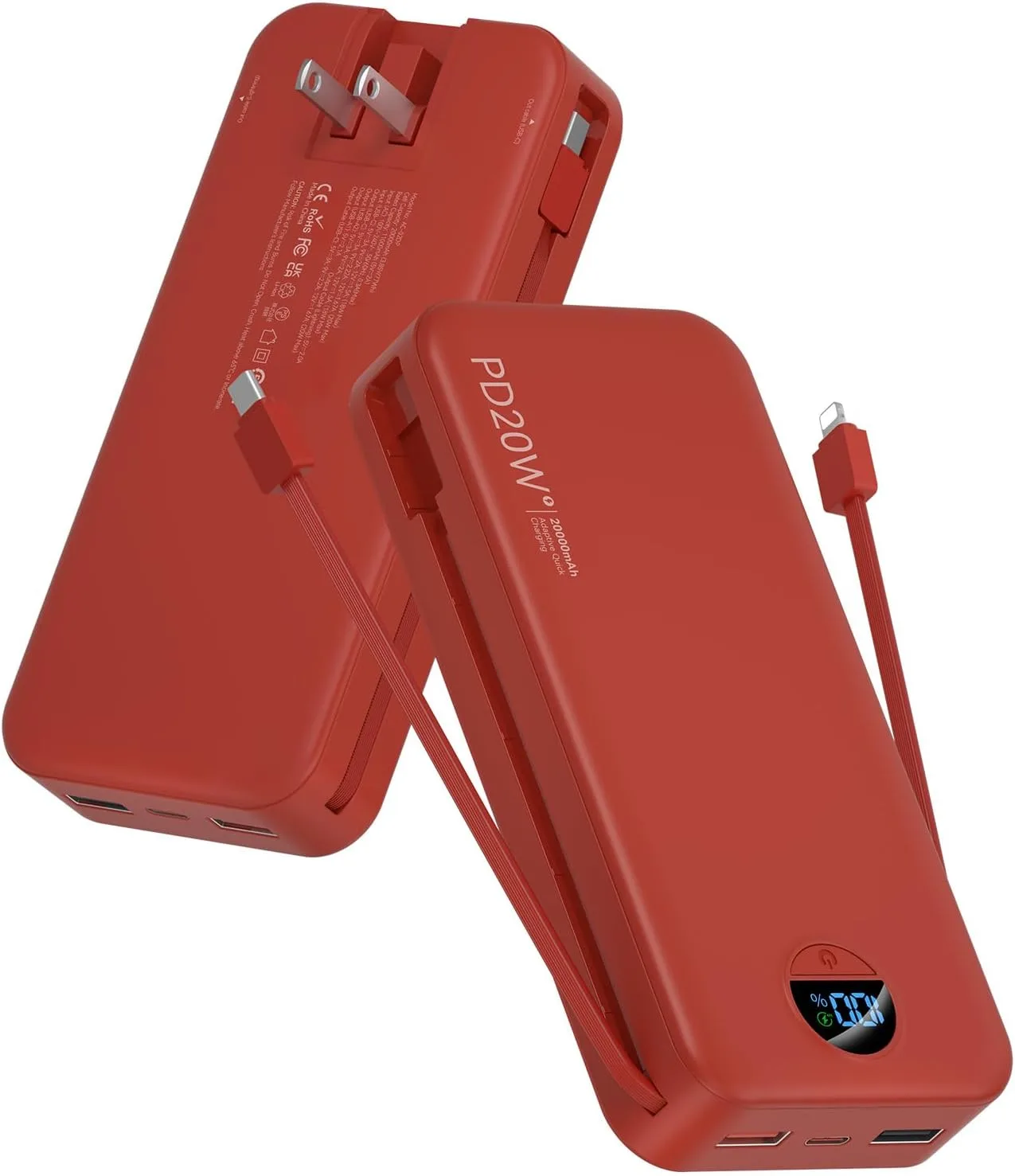 citicr Portable Charger 20000mAh PD20W w/Built-in Cables & Wall Plug Red