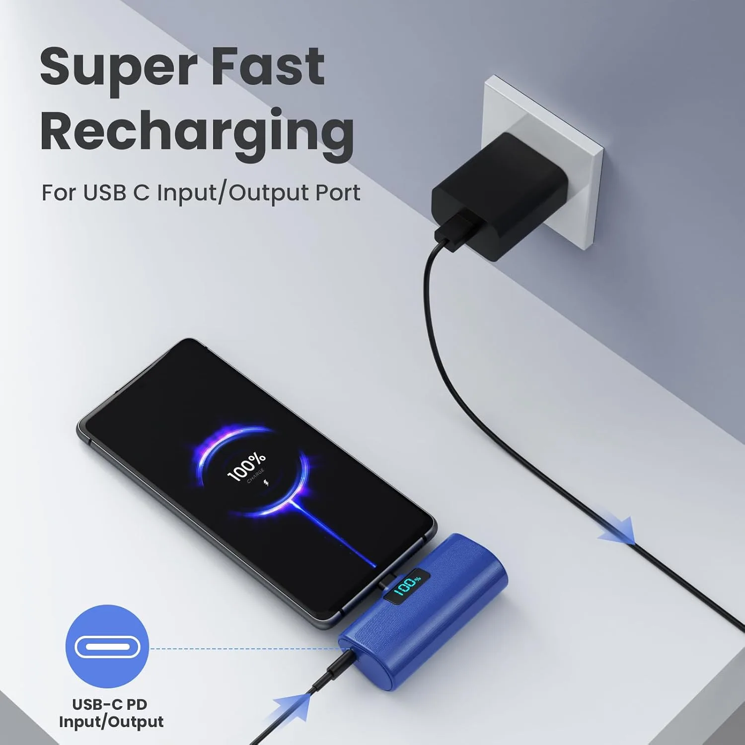 [2-Pack]Portable Charger for iPhone 16/15 Series,5200mAh PD USB C Power Bank Built-in USB-C Connector,Battery Pack Compatible with iPhone 16/16 Plus/16 Pro/16 Pro Max/15 Series,Android(Black+Blue)