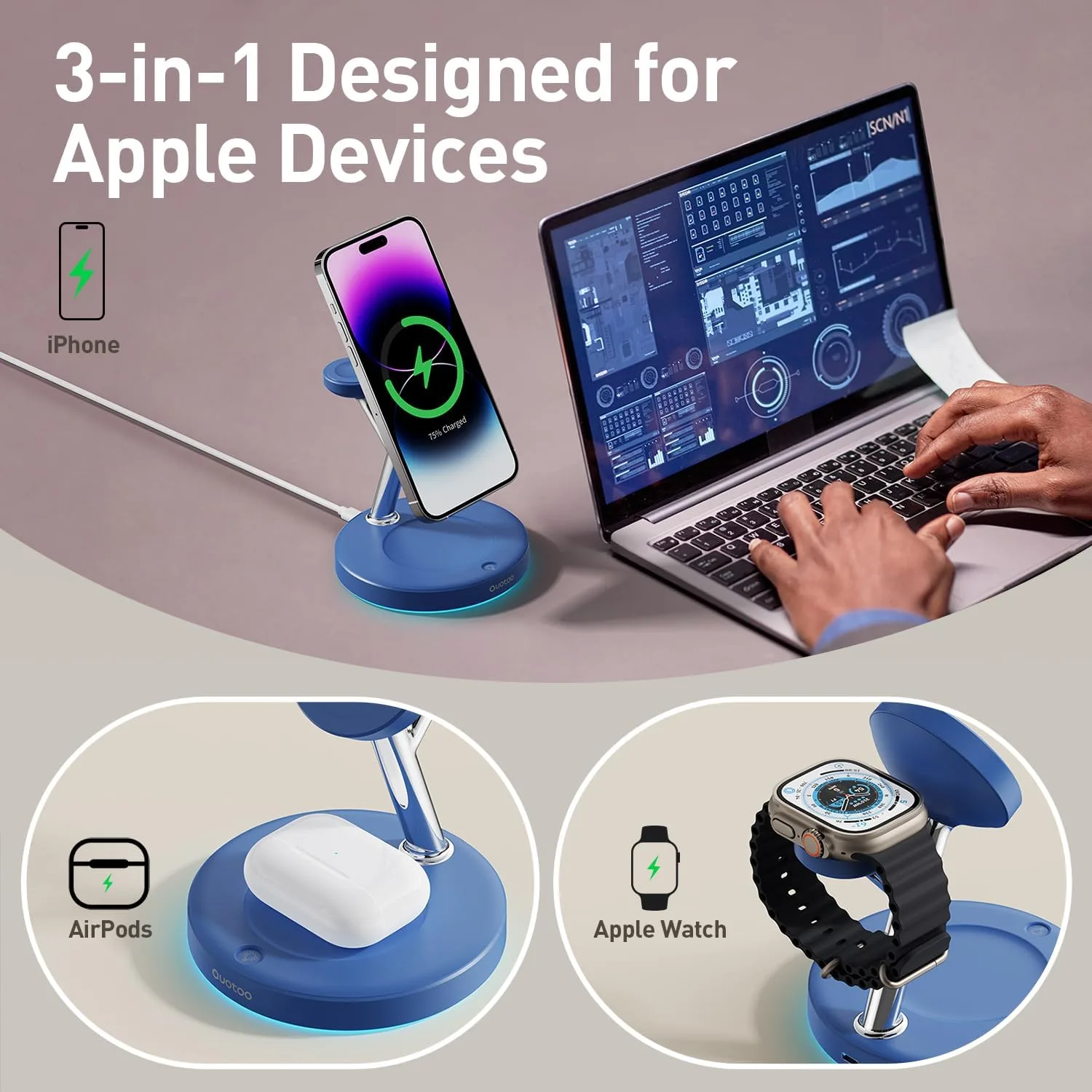 【Adjustable Blue Ambient Light】 Wireless Charger 3 in 1 for iPhone, Magnetic Charging Station for Apple Family,15W Fast MagSafe Charger Stand,for iPhone17-12-iWatch AirPods Series