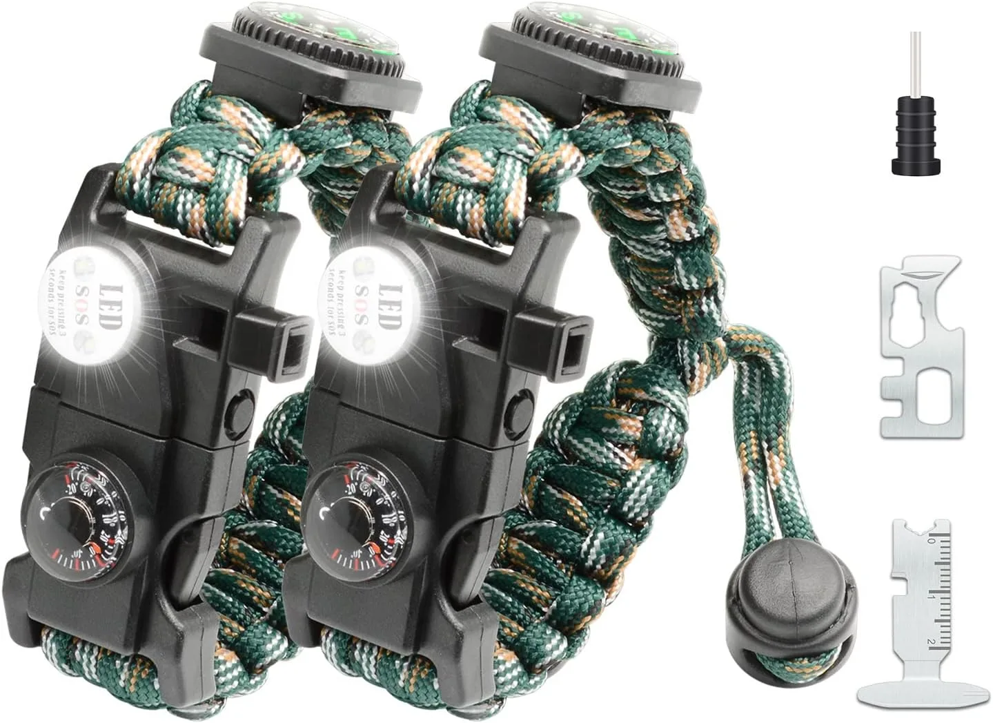 20 in 1 Survival Paracord Bracelet Adjustable Gear Kit with SOS LED Light, Fire Starter, Bigger Compass, Survival Whistle, Perfect for Camping, Hiking, Fishing