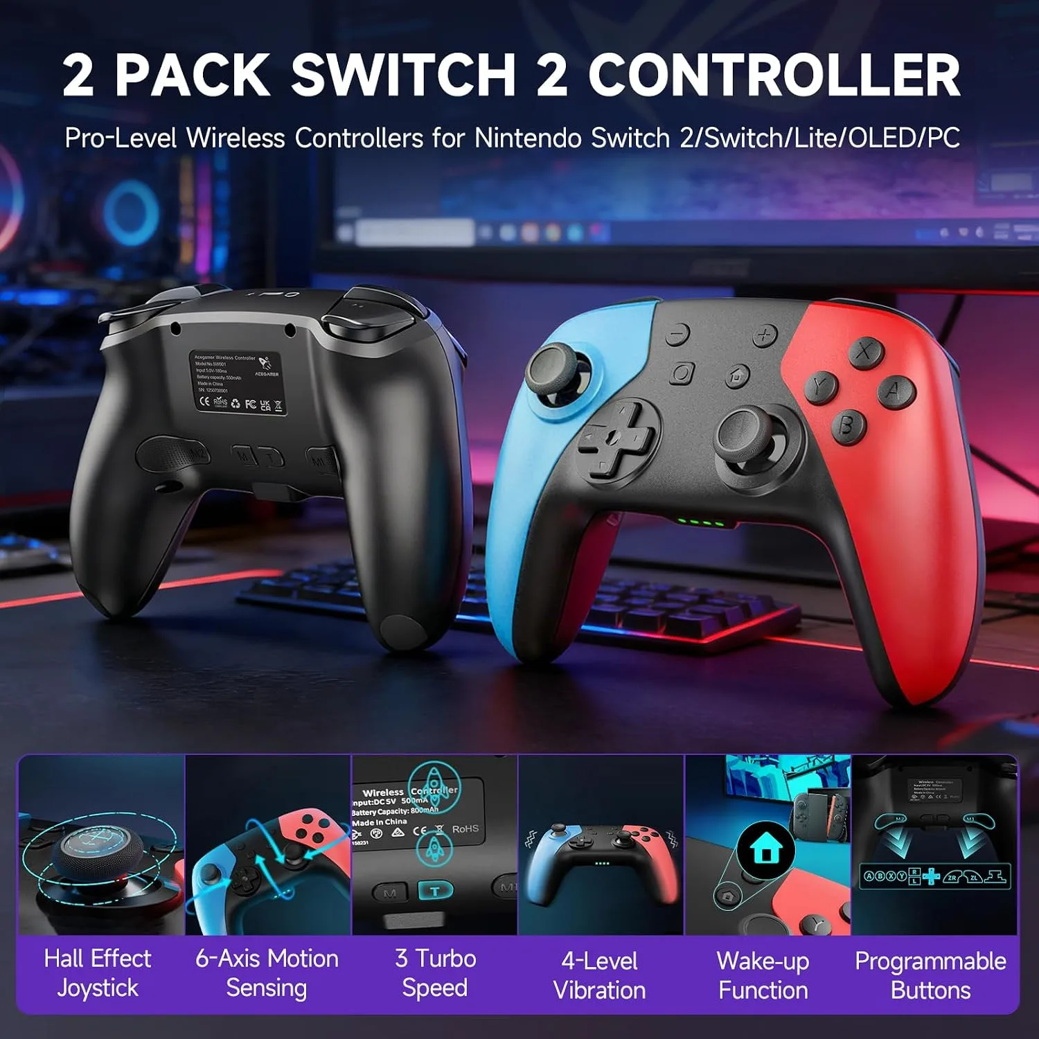 AceGamer Pro Hall Effect Controllers Accessories Bundle for Nintendo Switch 2 17-in-1: Carrying Case, Screen Protector, Grip for Switch 2 Joycons, Steering Wheel, Thumbs, Dockable Protective Cover Shell, Card Case