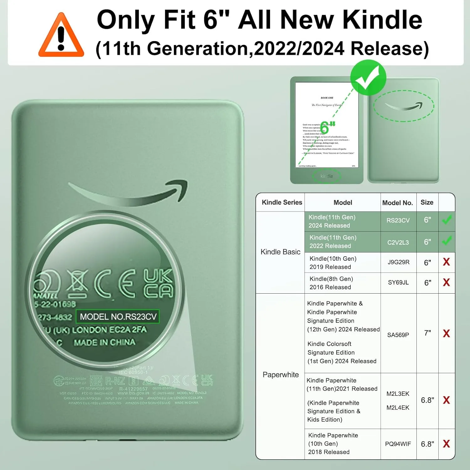 MoKo Case for 6" Kindle (11th Generation-2024/2022 Release), Agave Green