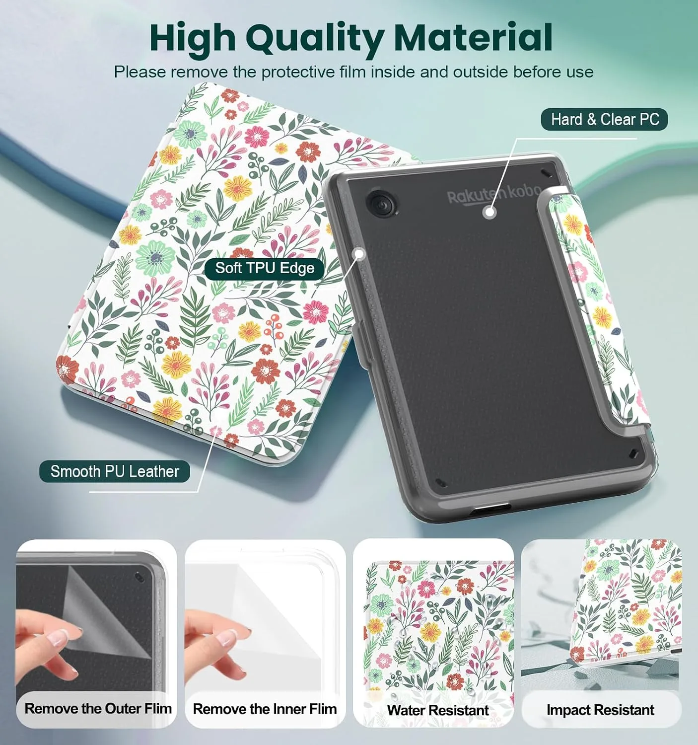 E NET-CASE Detachable Magnetic Case for 6" Kobo Clara Colour (2024) /Clara BW (2024) /2E (2022) eReader, Ultra Clear Back Scratch-Proof Light丨Easy to Detach & Attach丨Auto Sleep/Wake (Summer Flower)