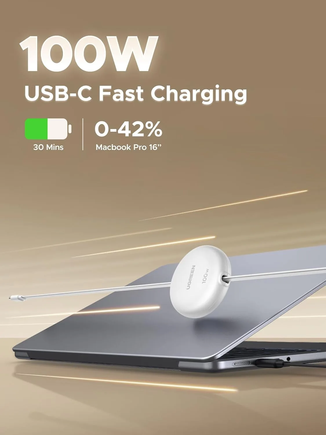 UGREEN 100W Retractable USB C Cable, Fast Charging, White, 3.3ft