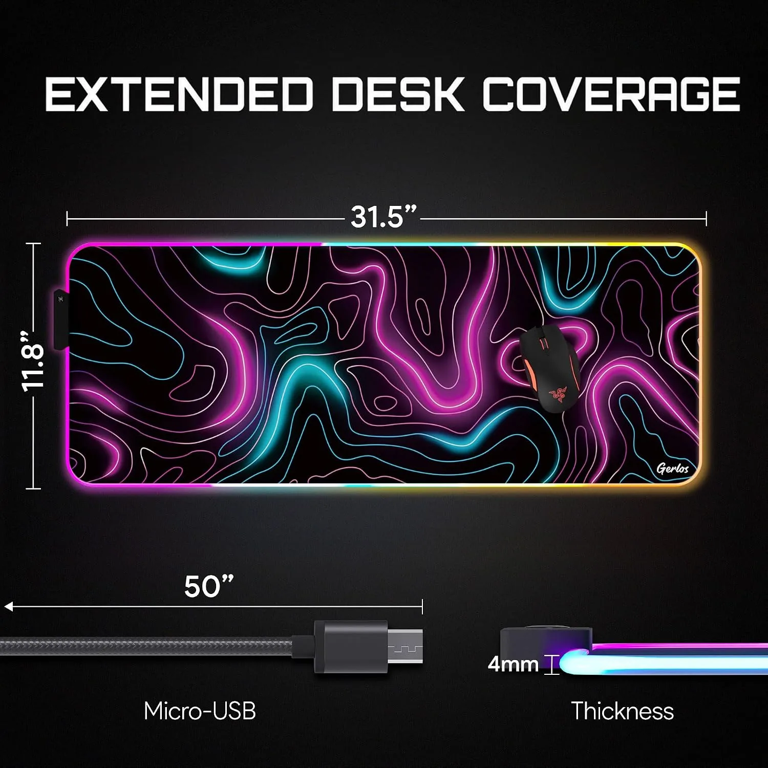 Gerlos RGB Gaming Mouse Pad, Large LED Mouse Pad for Gamer, 31.5" x 11.8"