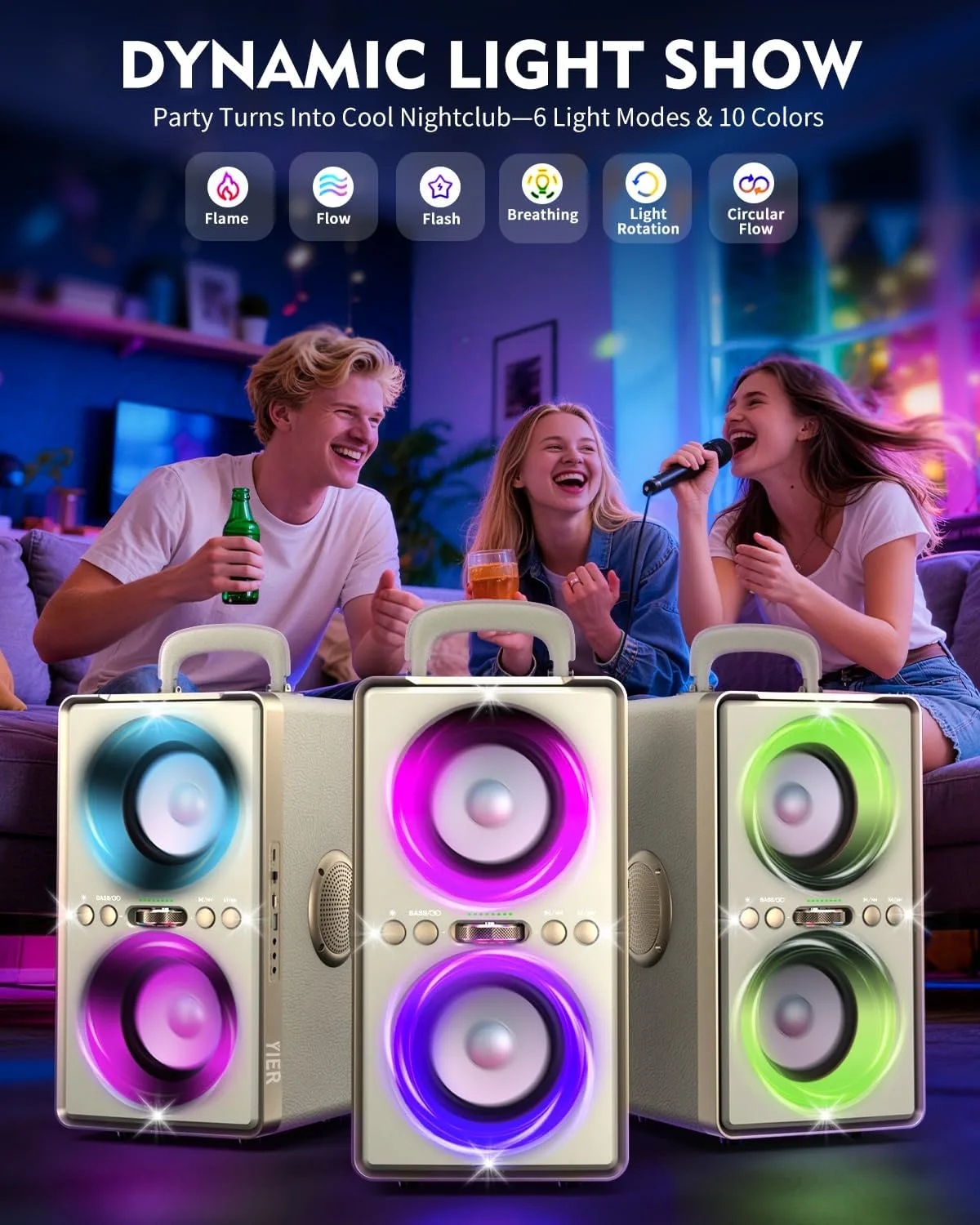 YIER Bluetooth Speaker, 240W Peak Loud Party Speaker with Deep Bass, White