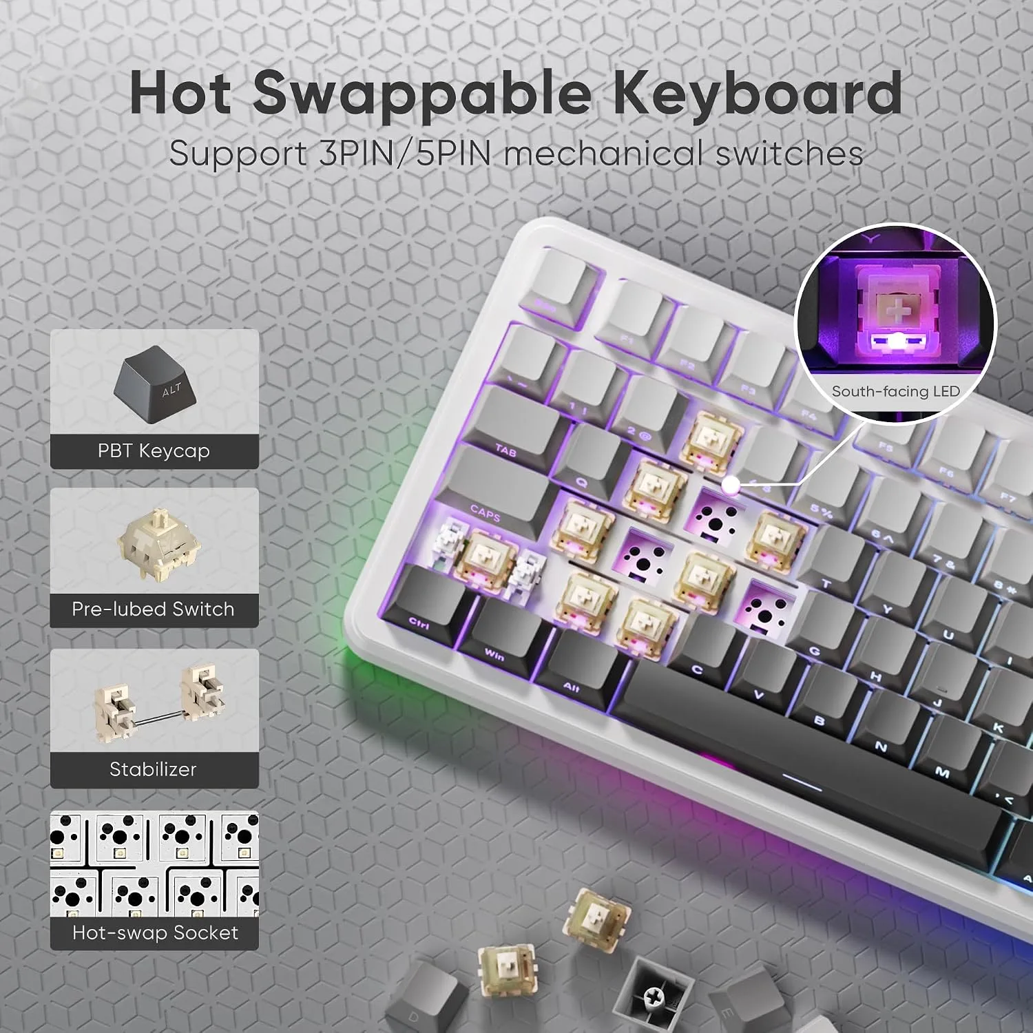 RedThunder K75 Wireless Mechanical Keyboard, CNC Knob, Tri-Mode BT5.0/2.4GHz/USB-C Hot Swappable Custom, Cremy Sound, Pre-lubed Linear Switches, RGB Gaming Keyboard, Side Fonts, Gradient White-Gray