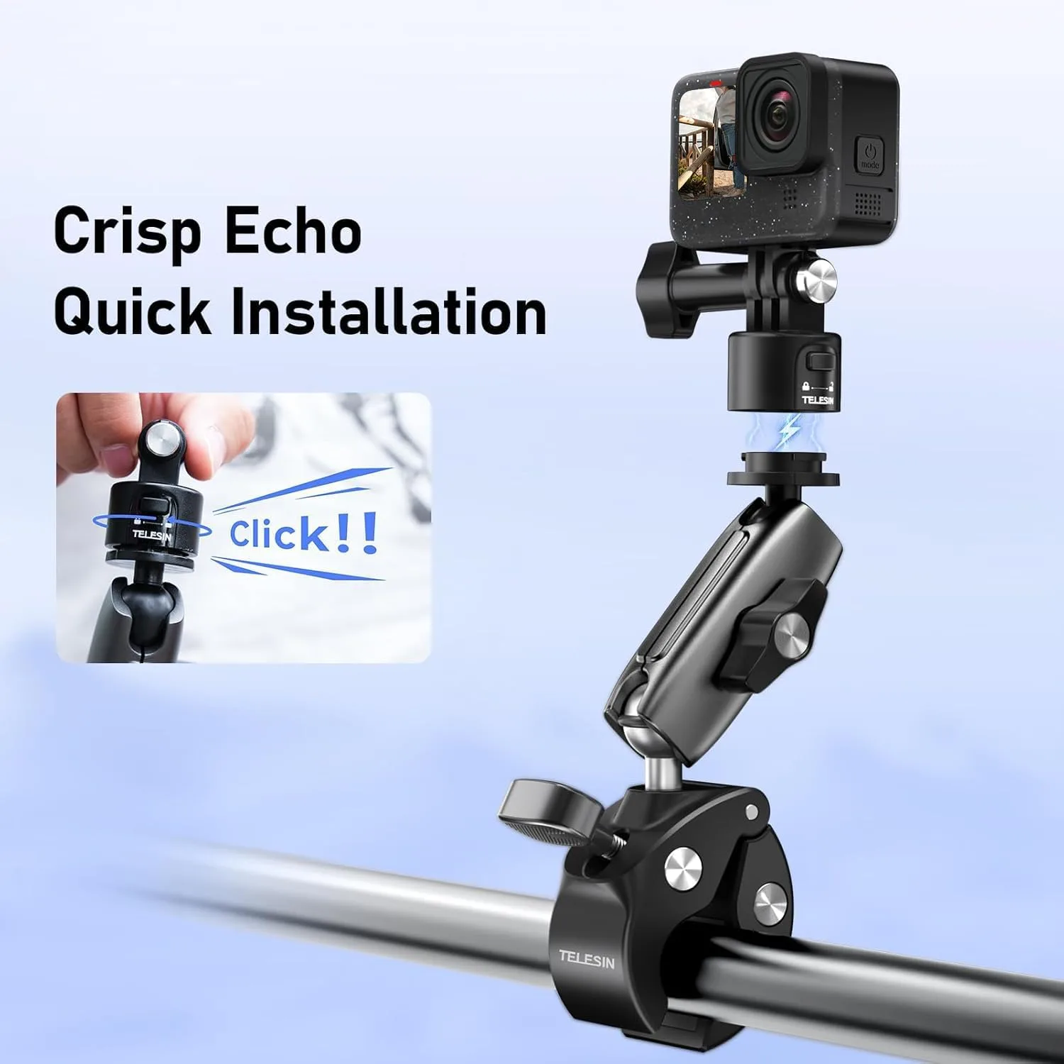 TELESIN S2 Quick Release Clamp Mount, Bike Motorcycle Handlebar Roll Bar Tube Clip Holder Attach Accessories for GoPro 13 12 11 10 9 8 Insta360 X5 X4 X3 GO3 Ace Pro 2 DJI Action 3 4 5 Pro Pocket 3